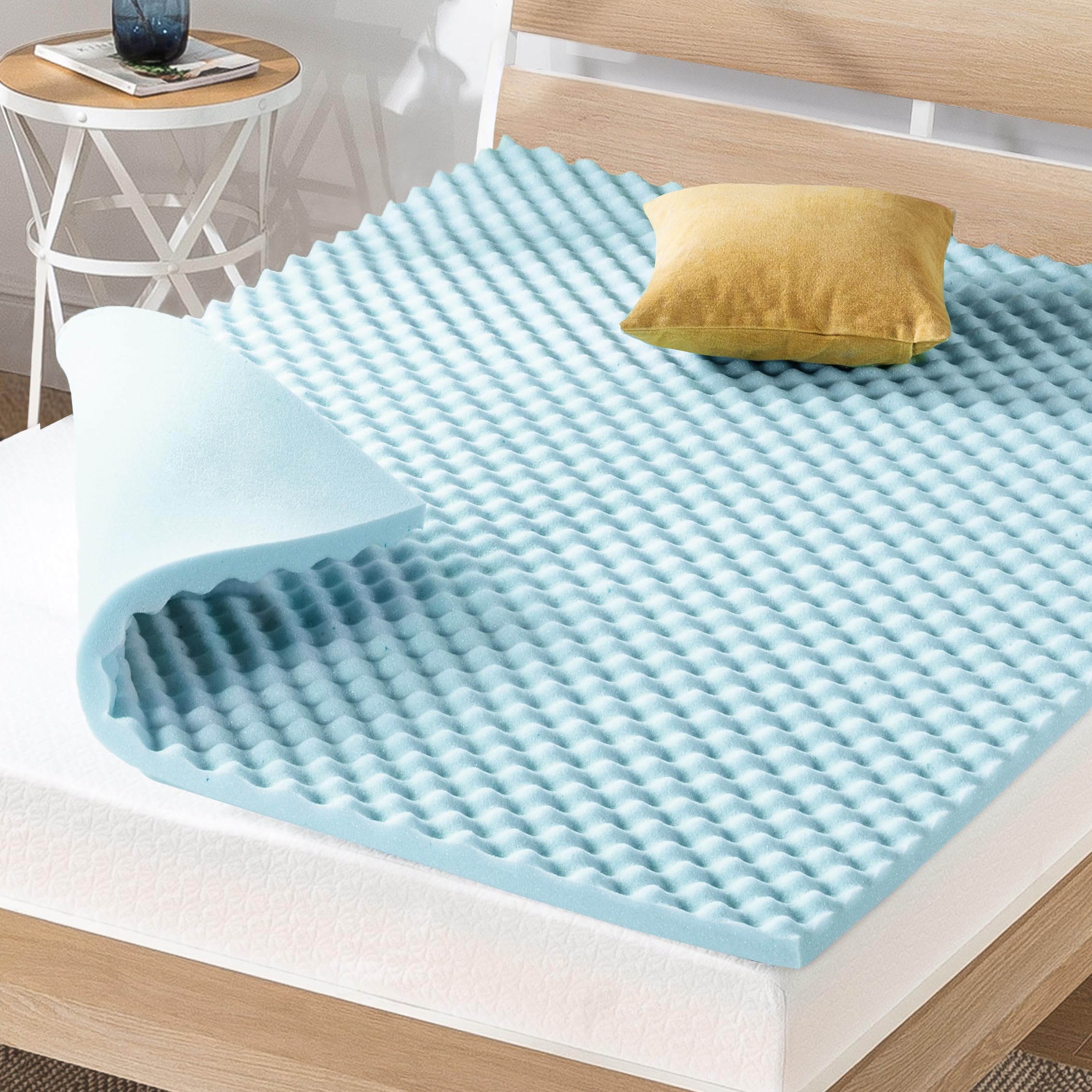 Best Price Mattress Espuma viscoelástica para caixa de ovos de 3,8 cm, infusão de gel refrescante, cobertura de colchão duplo, azul