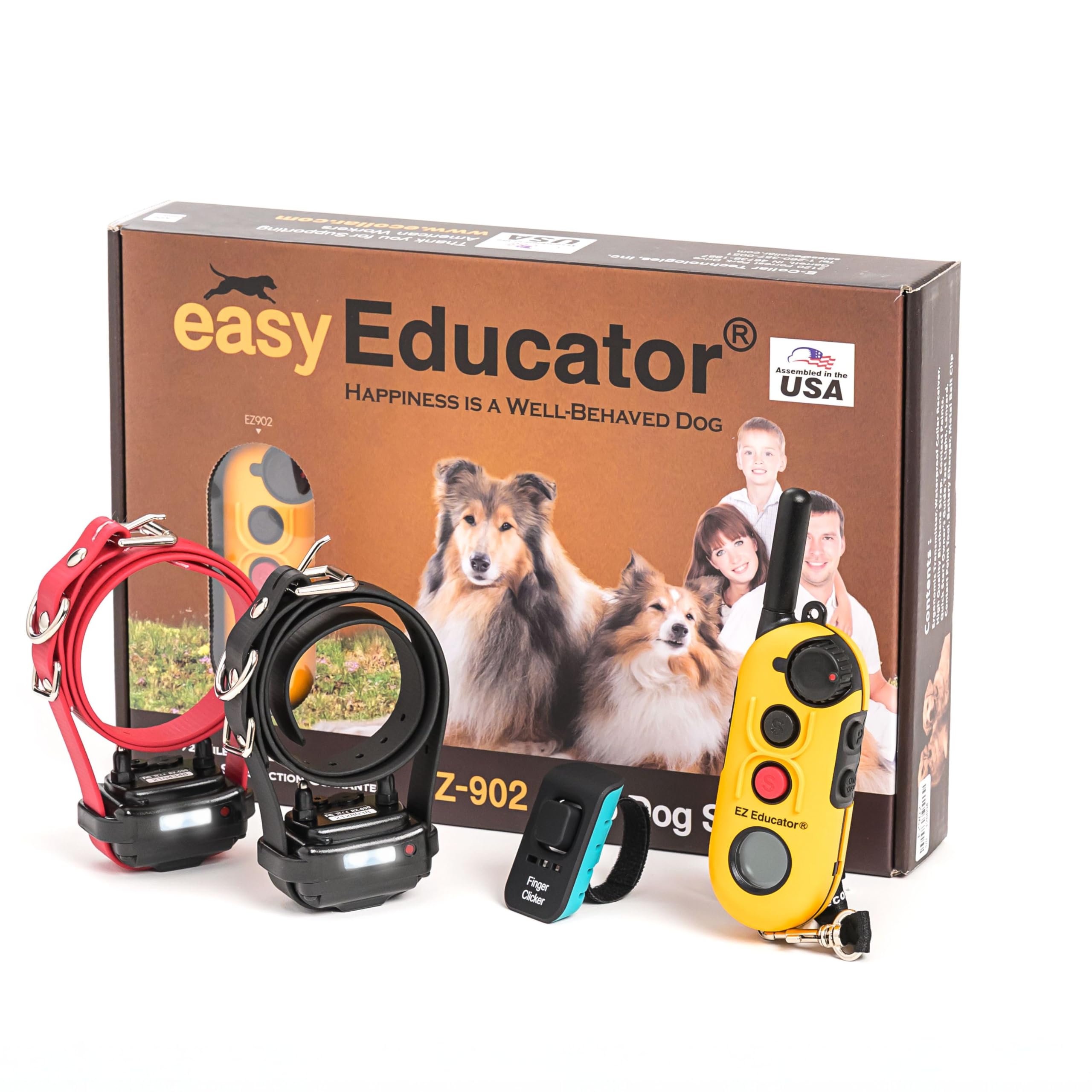 Educator EZ Coleira de adestramento para cães com controle remoto ergonômico, estimulação de vibração humana segura, tom pavloviano, impermeável, coleira de biotano, luz noturna, recarregável, 2 cães, amarela