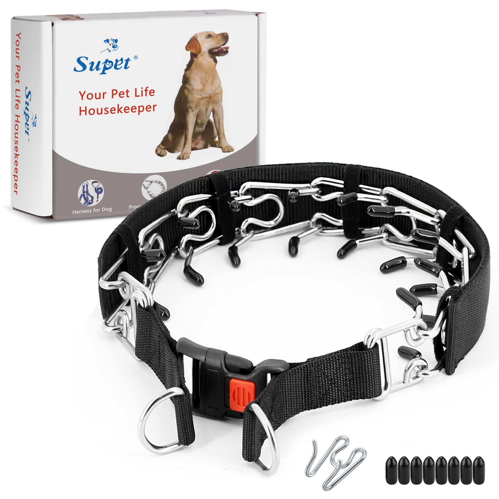 Coleira de adestramento para cães, coleira de adestramento ajustável de aço inoxidável para cães com mosquetão de liberação rápida para cães pequenos, médios e grandes, vem com pontas protetoras de borracha