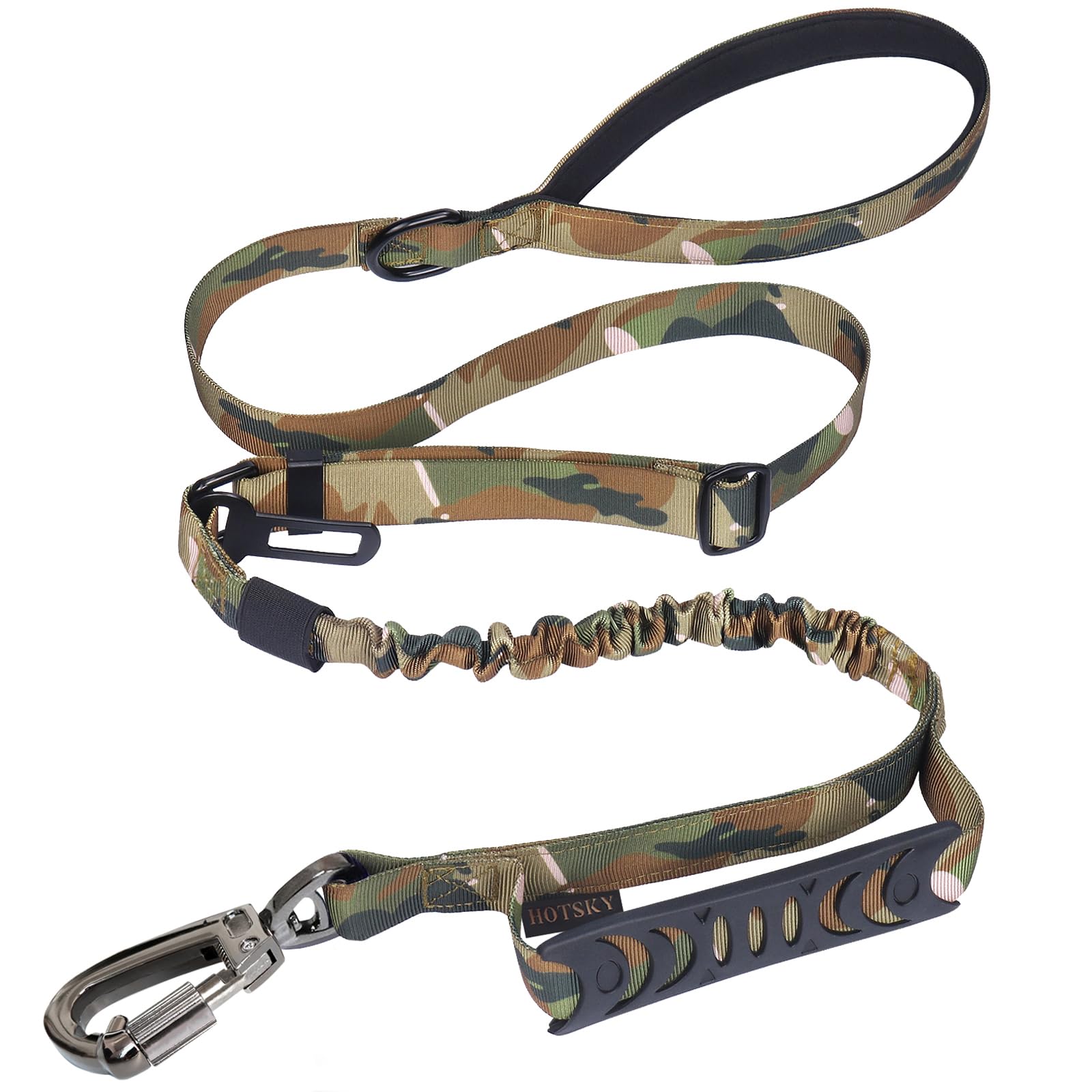 Coleira para cães resistente, correia militar camuflada para cães com cinto de segurança de carro para cães grandes de até 68 kg, coleiras para cães fortes retráteis com absorção de choque de 1,8 m, correia tática de alça dupla para adestramento de cães