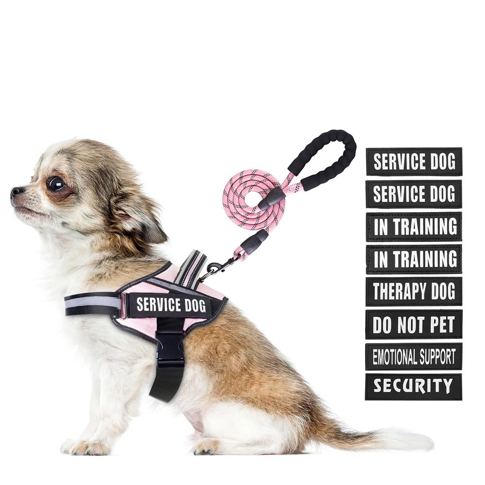 Conjunto de peitoral e guia para cães de serviço, animire em adestramento de cães com 9 emblemas para cães, coleira refletiva para cães pequenos, médios, grandes e extragrandes (rosa, PP)