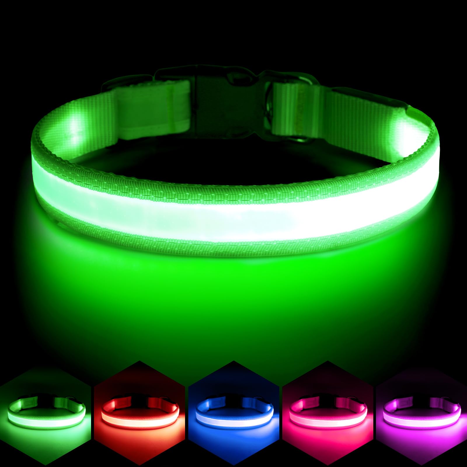 VIZPET Coleira de LED para cães recarregável por USB, 100% à prova d'água, ajustável, com luz de segurança, coleiras brilhantes para cães (verde, médio)