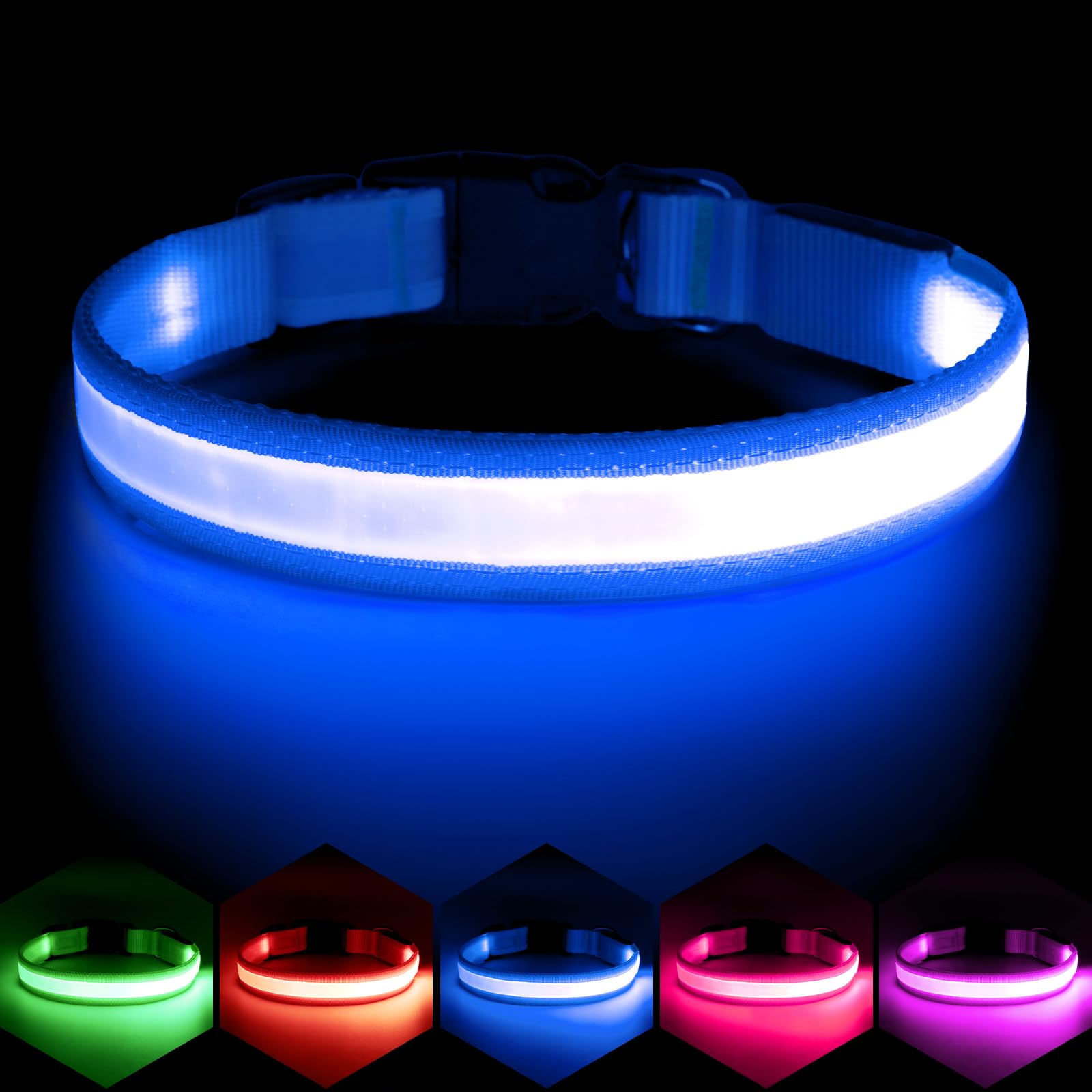 VIZPET Coleira de LED para cães recarregável USB 100% à prova d'água ajustável com iluminação super brilhante coleira de segurança brilhante para cães (azul, médio