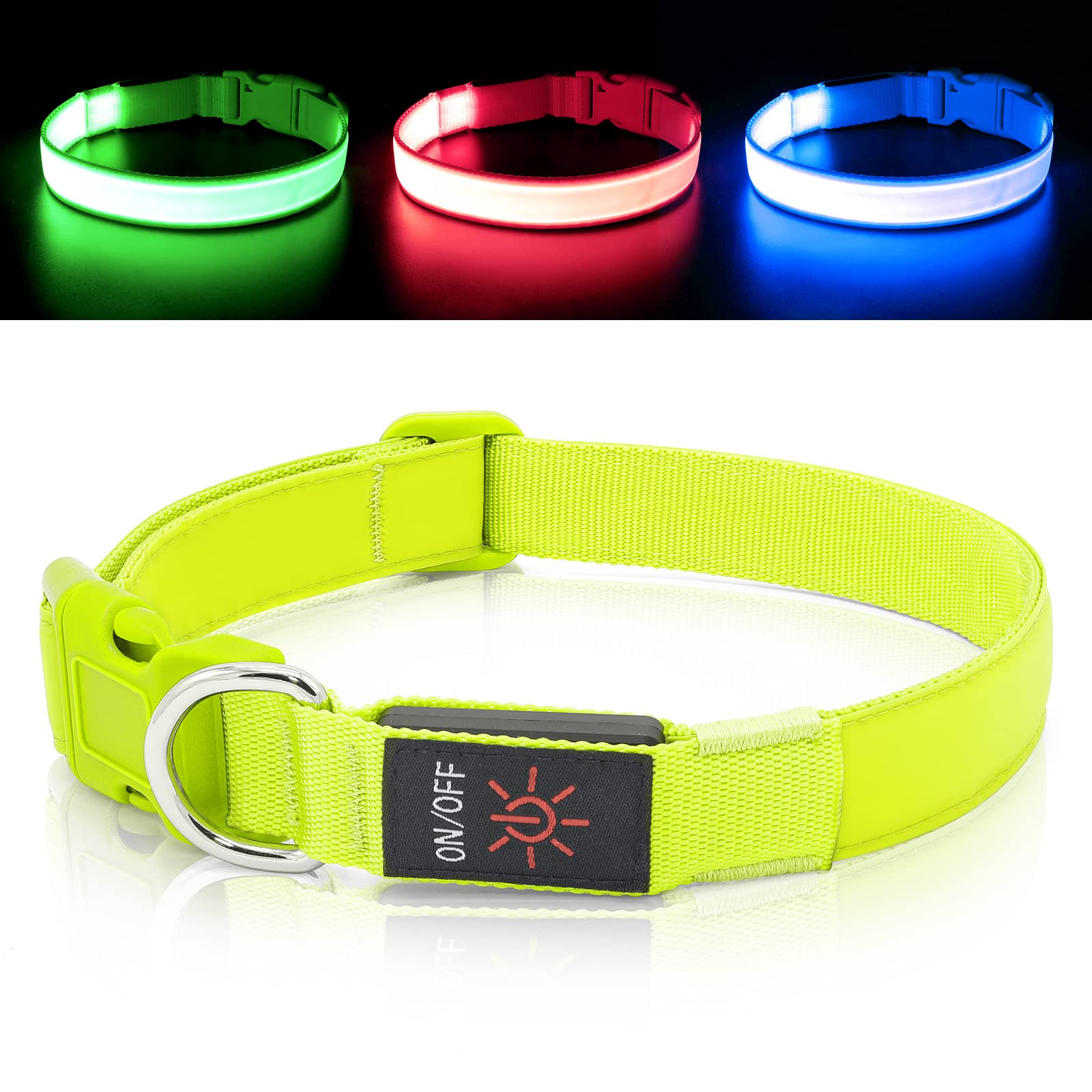 Coleira LED para cães com iluminação USB, recarregável, tamanho ajustável, correia de nylon TPU resistente, coleira básica de segurança para cães grandes e médios (G, verde neon)