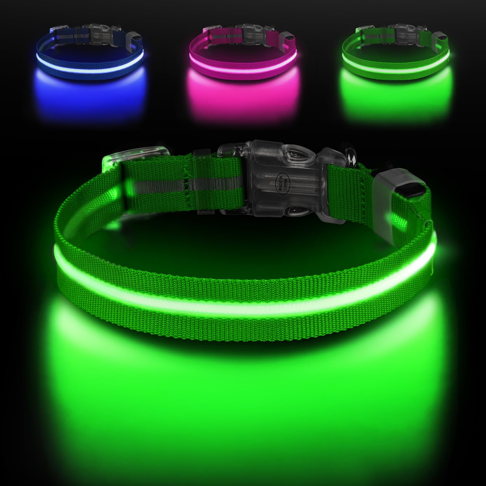Coleira de cachorro iluminada para caminhadas noturnas, luz de LED recarregável USB-C, coleira brilhante à prova d'água que brilha no escuro, ajustável com 3 modos para cães pequenos, médios e
