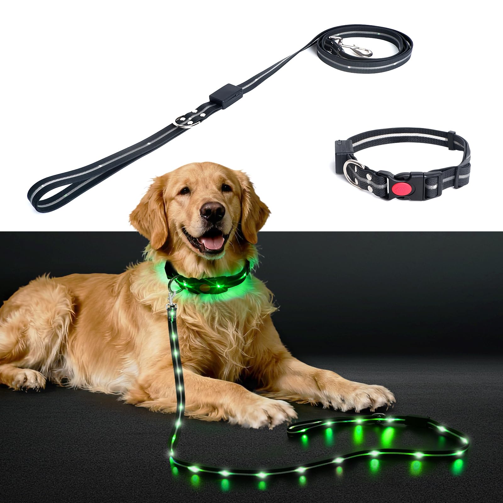 LOHUAHUA Tipo Cães Coleira de LED à prova d'água + coleira, 11 modos de piscar, conjunto de coleira brilhante para cães, coleira reflexiva super brilhante para cães pequenos, médios e grandes USB-C recarregável