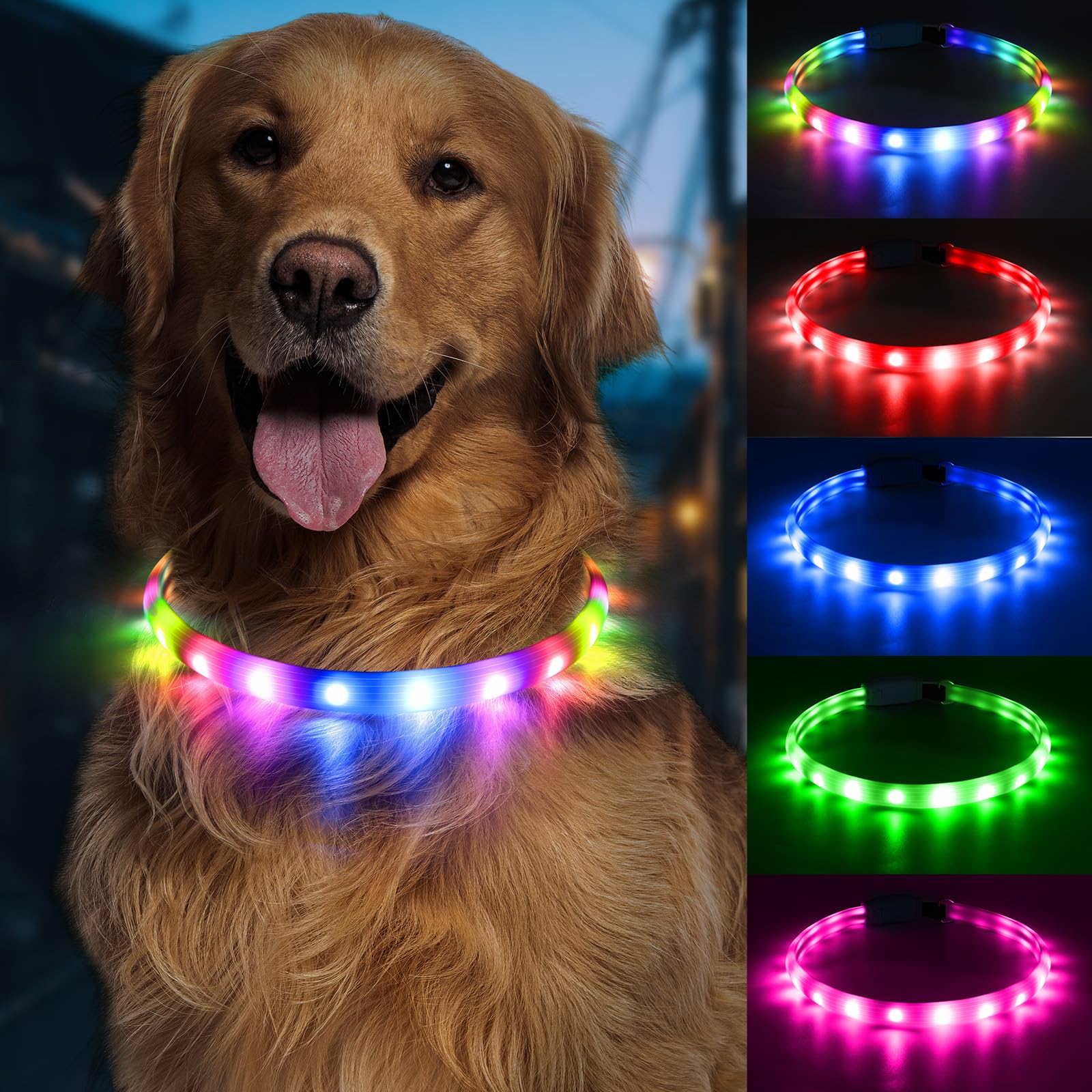 Flashseen Coleira para cães de LED multicolorida, recarregável, 12 modos de luz, coleiras brilhantes para caminhadas noturnas, coleira de silicone cortável para cães pequenos, médios e grandes
