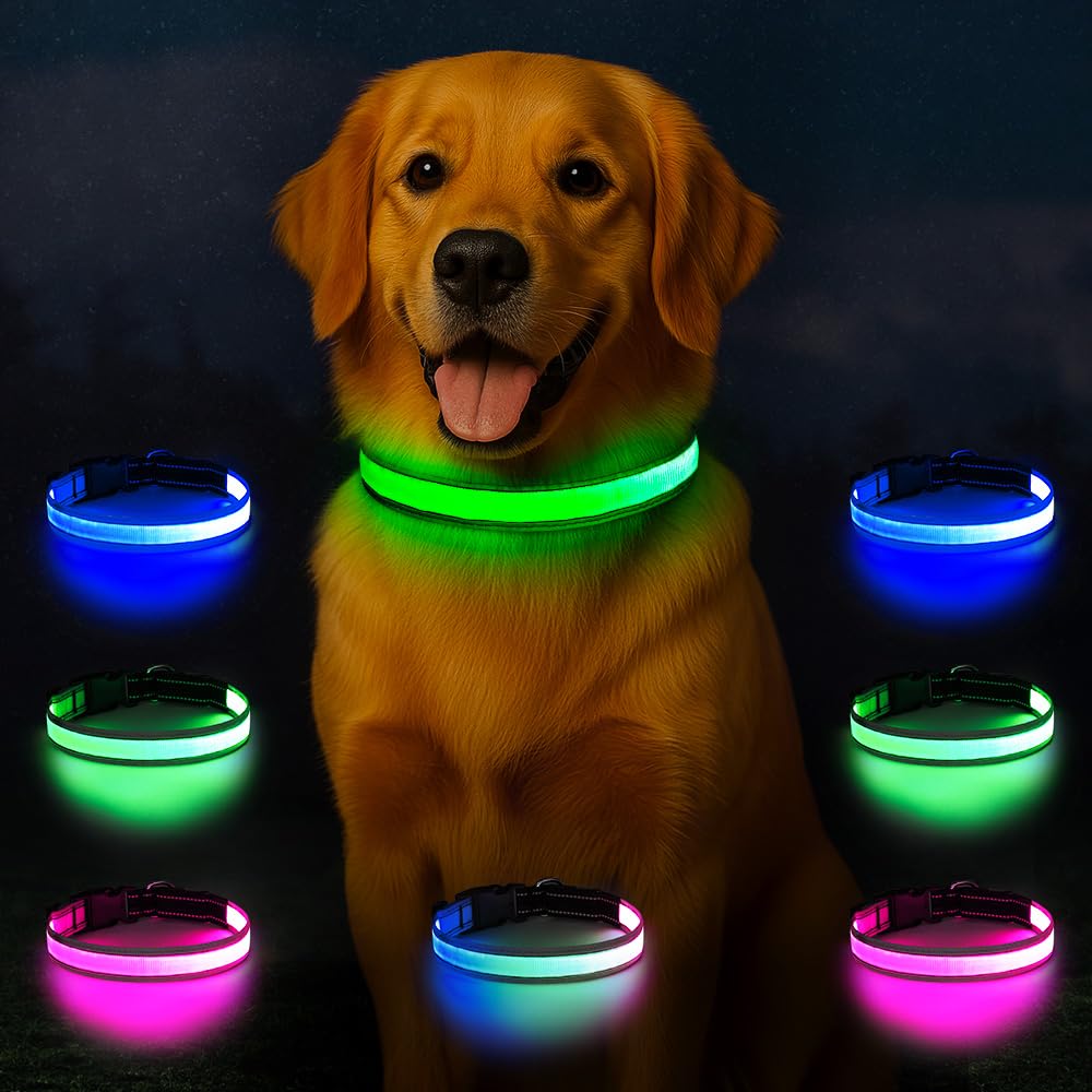 Coleira para cães iluminada, coleira de LED multicolorido com 7 modos, coleira reflexiva recarregável USB-C, design à prova d'água e ajustável com indicador de bateria para caminhadas noturnas seguras