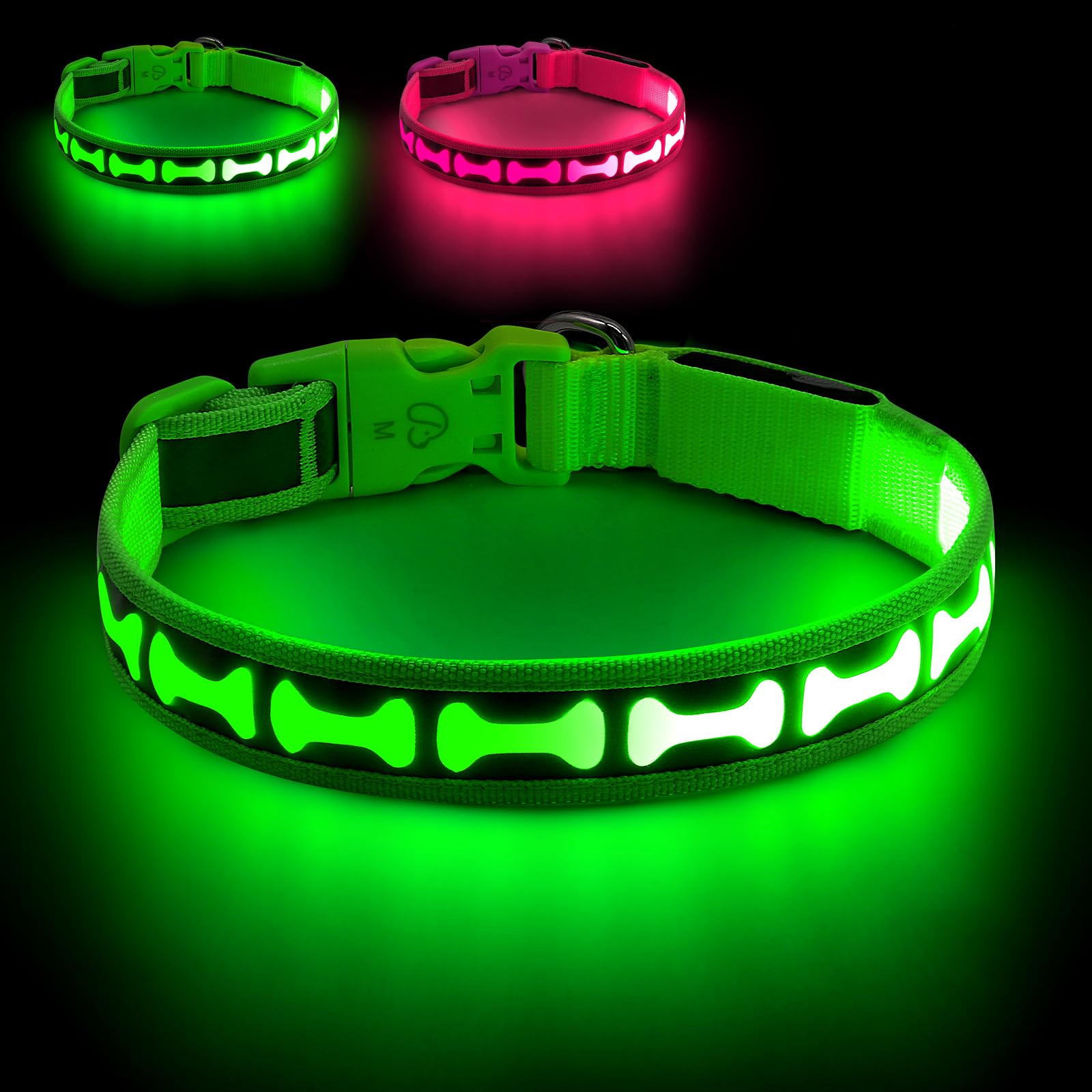 Flashseen Coleira LED para cães recarregável USB-C (verde, média) | Coleira que brilha no escuro para caminhadas noturnas, coleira ajustável à prova d'água e brilhante para cães