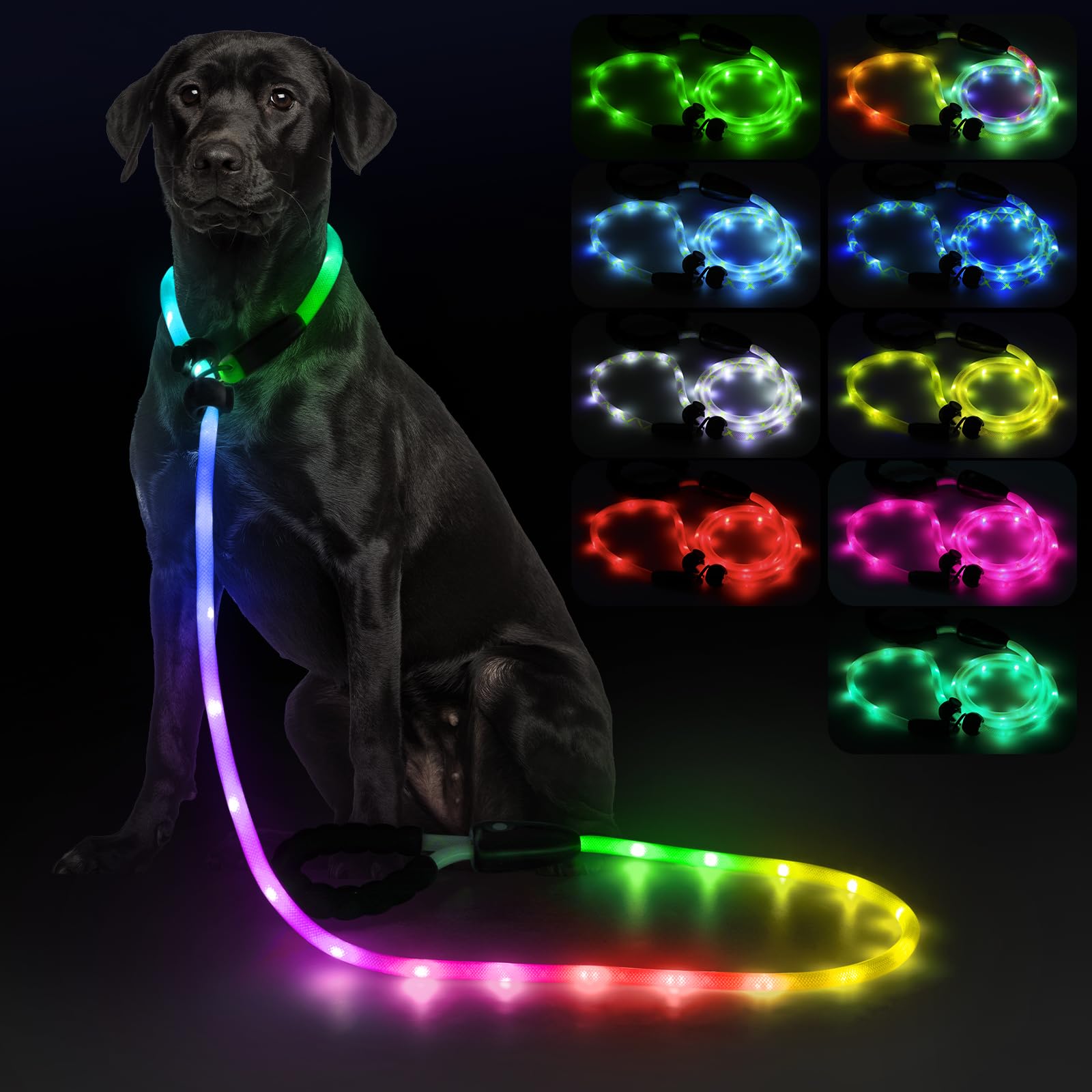 Coleira iluminada para cães com coleira 2 em 1, 13 modos de LED refletiva para cães médios e grandes, recarregável por USB, impermeável, ajustável, caminhada noturna para segurança