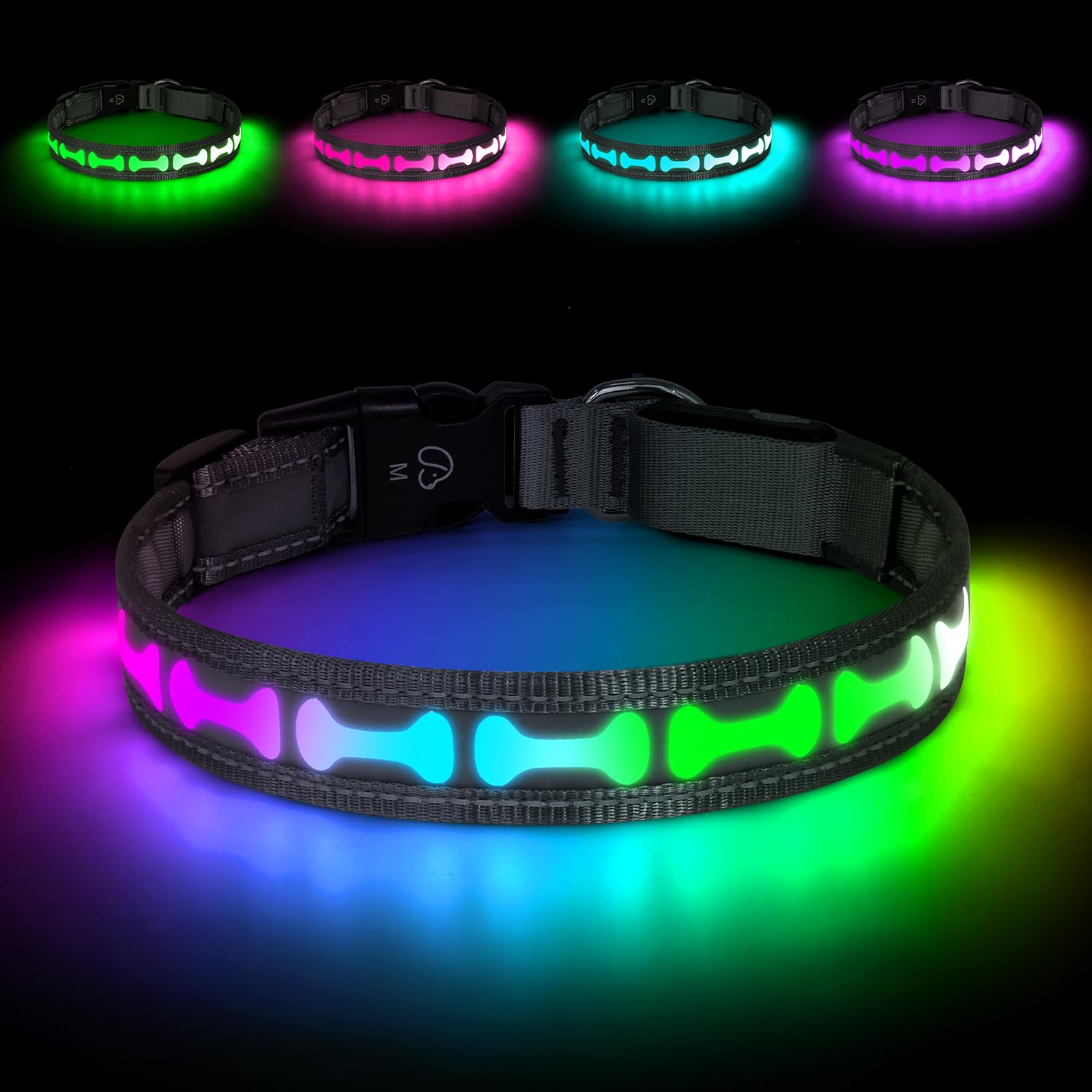 Flashseen Coleira LED para cães com iluminação USB-C recarregável, RGB 7 cores, 3 modos que brilham no escuro, coleira ajustável com visibilidade de 360° para passeios noturnos para cães (cinza, médio