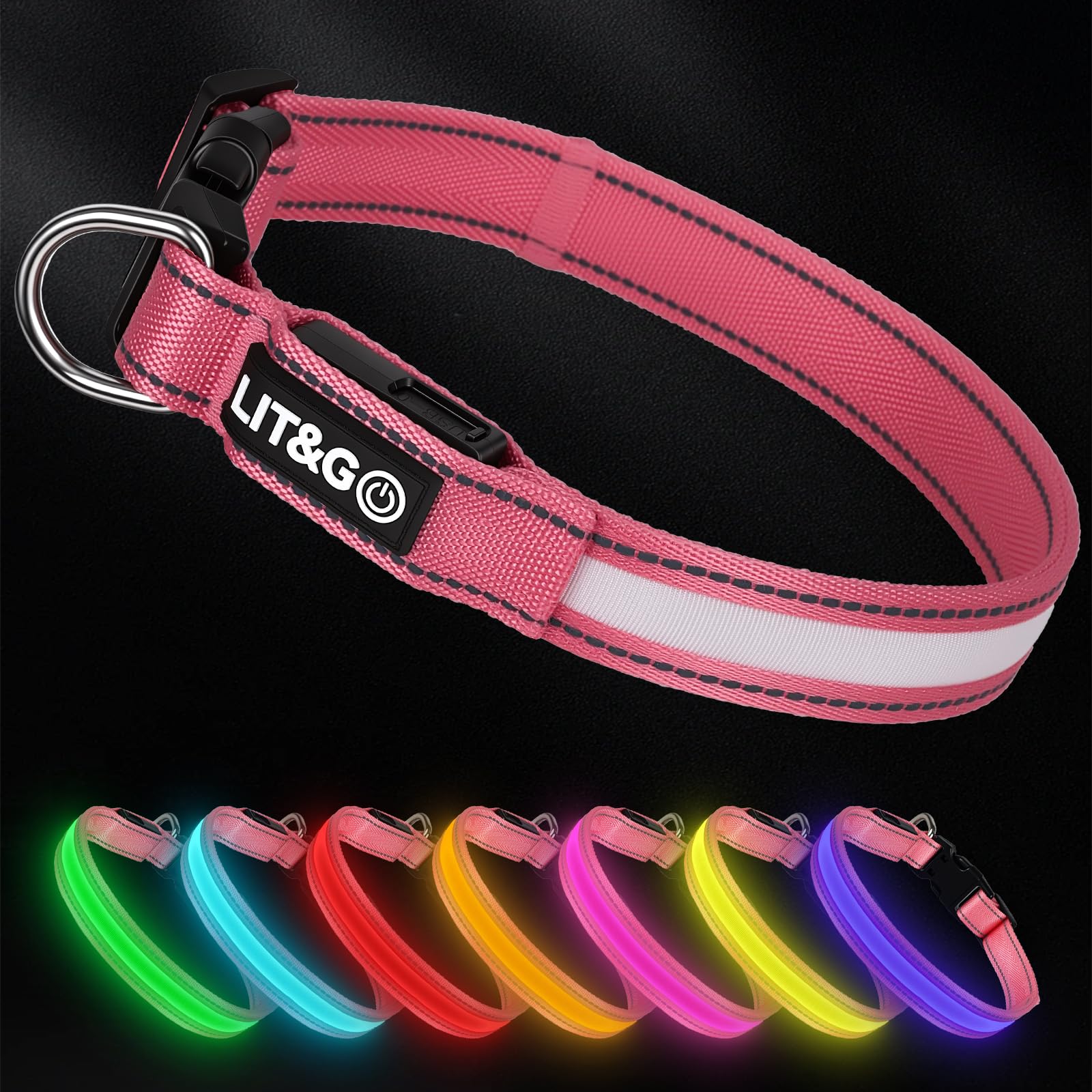 Coleiras iluminadas para cães à noite - Coleira de LED recarregável USB-C - Brilho de 7 cores - À prova d'água e ajustável (rosa, grande)
