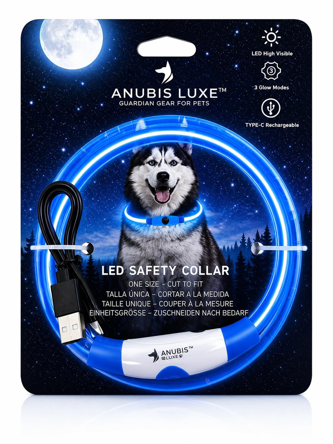 Coleira de cachorro USB recarregável com LED, coleira iluminada para cães, ajustável, impermeável, brilha no escuro, 3 modos para passeios noturnos, proteção para cães pequenos, médios e