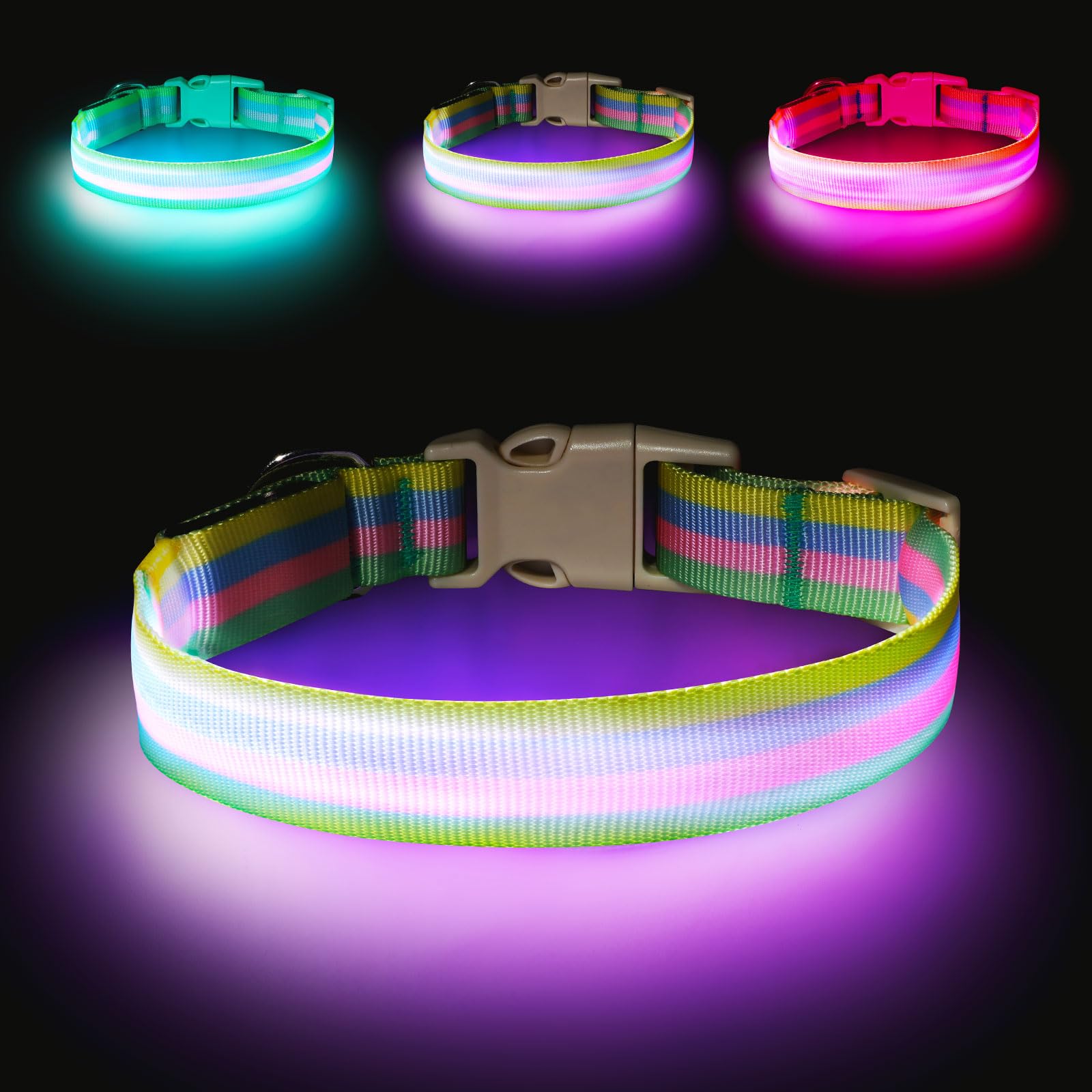 PZRLit Coleira de cachorro listrada com luz de LED, recarregável que muda de cor, brilha no escuro, coleira refletiva de segurança para passear à noite, luz ajustável para cães pequenos, médios e
