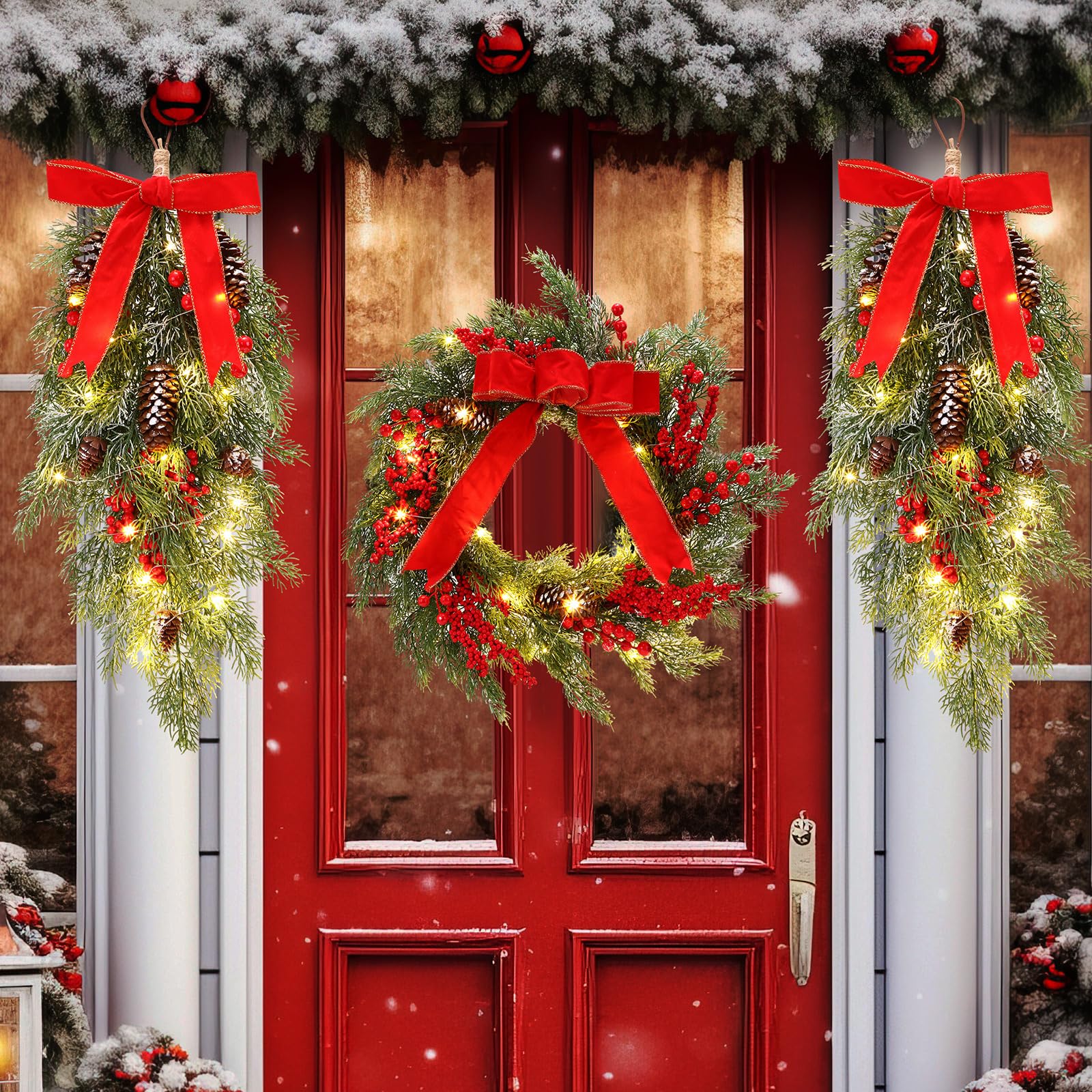 Hungdao Pacote com 3 guirlandas de Natal pré-iluminadas com luzes de 61 cm, guirlanda de pinheiro e cipreste com lágrima artificial de 61 cm, para decoração de Natal, porta da frente, ao ar livre