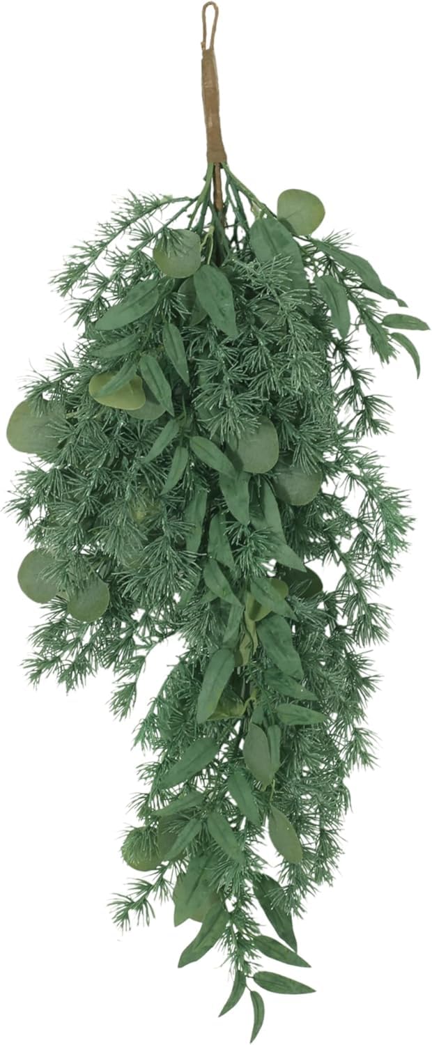 Guirlanda de lágrima artificial de 82,5 cm de eucalipto e abeto, coroa de gota de folhas de 82,5 cm, verde
