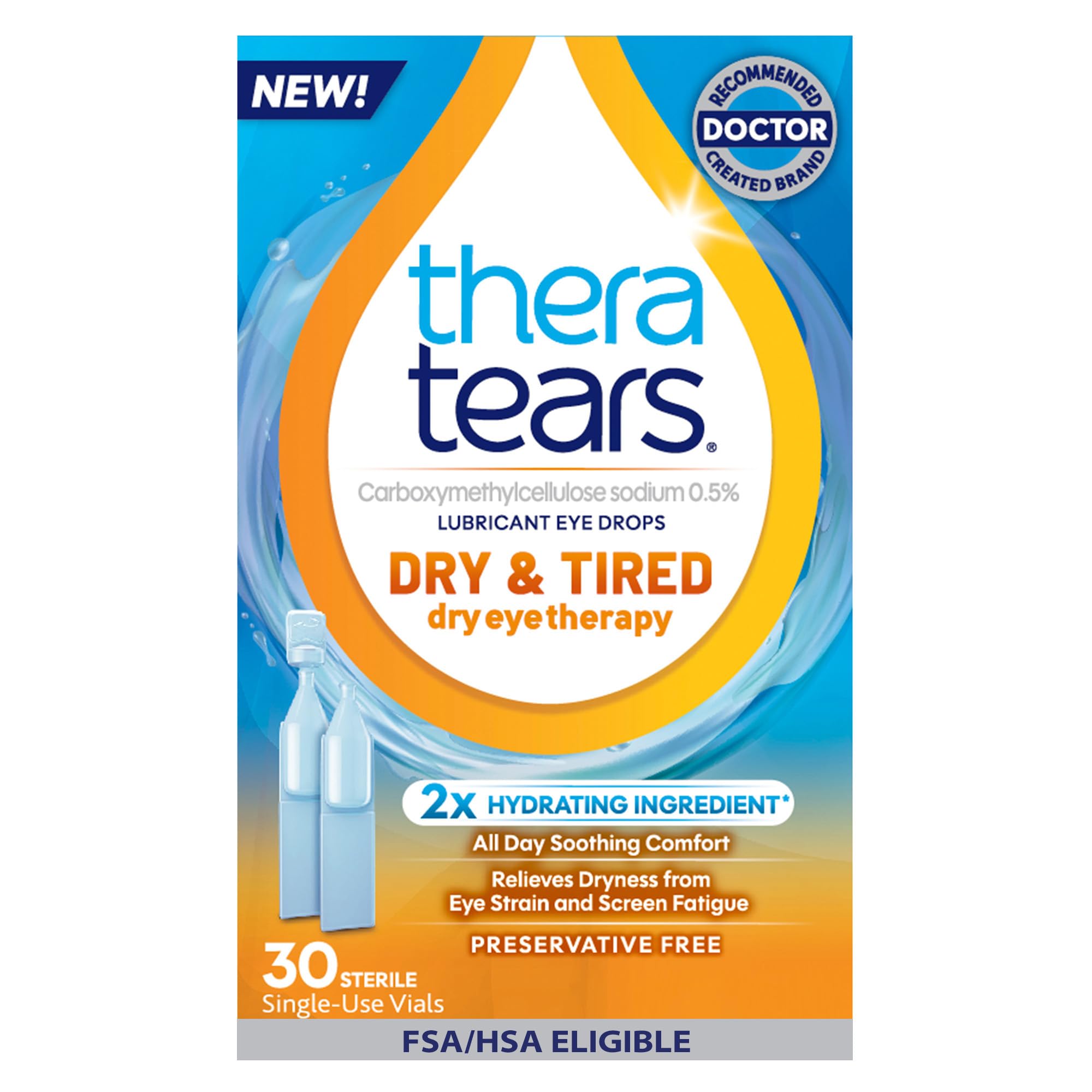 Thera Tears TheraTears Colírio seco e cansado sem conservantes para alívio dos olhos secos e cuidados diários com os olhos, 30 frascos de uso único