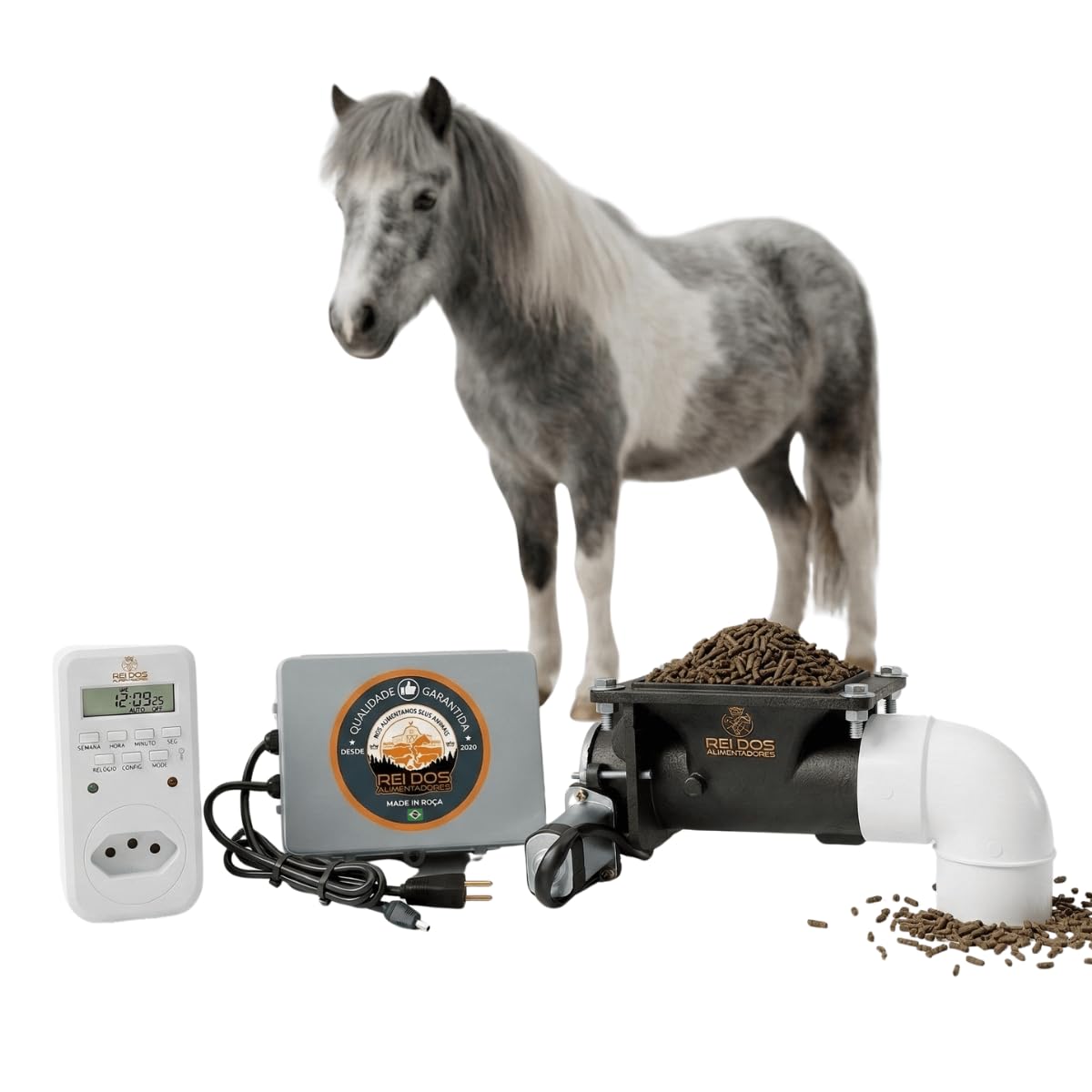 Rei dos Alimentadores Mecanismo Dosador de Ração para Cavalos Equinos Haras com Timer Convencional Bivolt, Alimentador Automático para Cavalos Equinos Haras, Comedouro Profissional Robusto para Equitação Vaquejada Rodeio