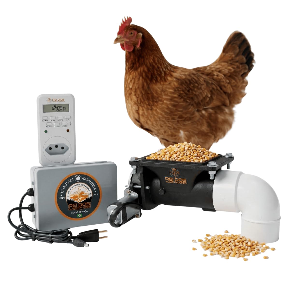 Rei dos Alimentadores Mecanismo Dosador de Ração para Galinhas Aves com Timer Convencional Bivolt, Alimentador Automático para Ganso Pato Peru, Comedouro Profissional para Galinheiro