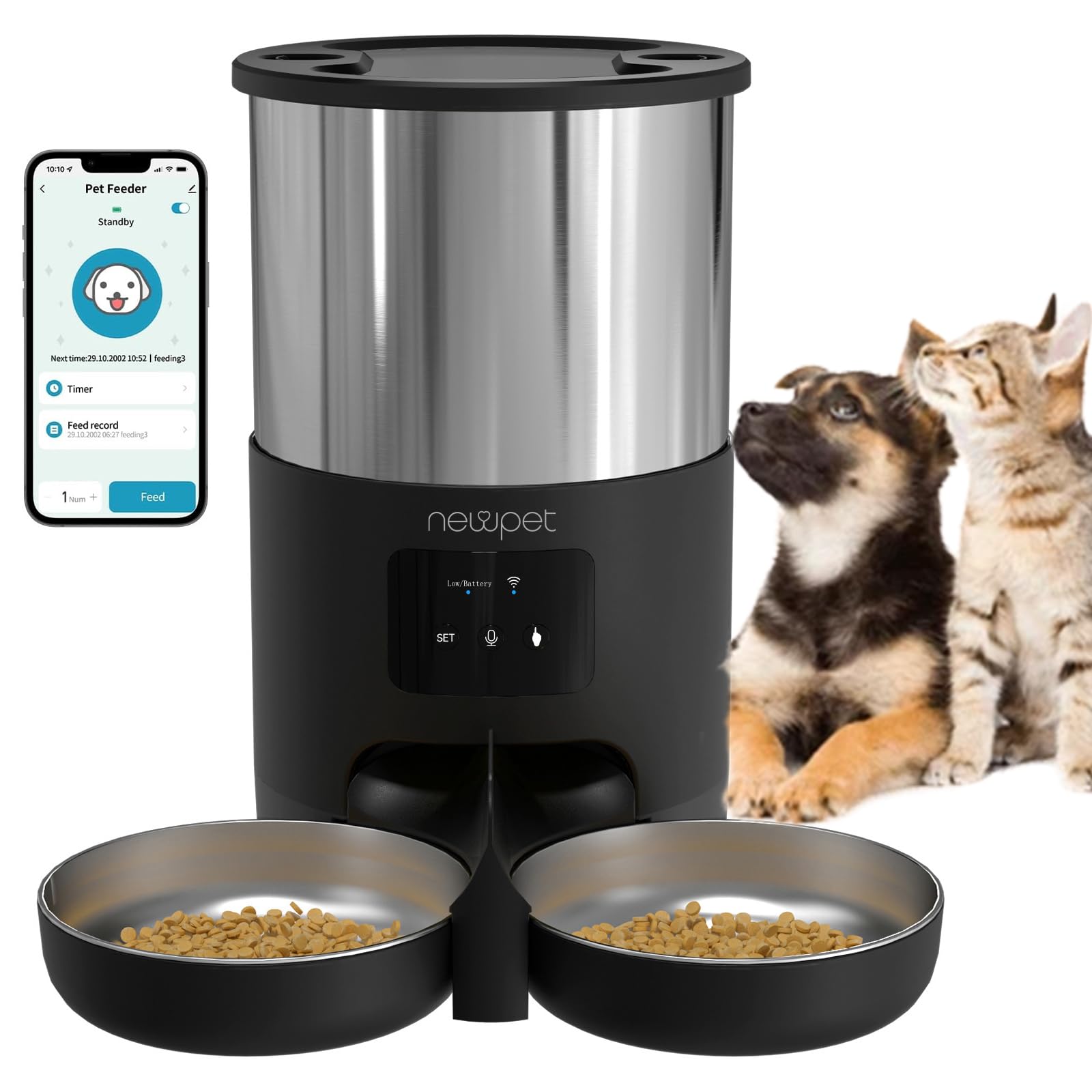 Alimentador Automático para 2 Gatos, 5L Alimentador temporizado para animais de estimação,2.4G WiFi Tuya APP de Animais de Estimação