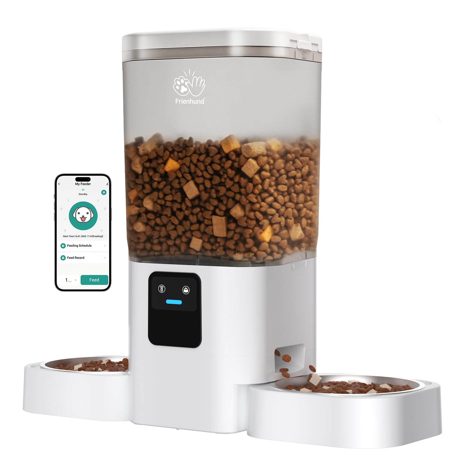 Frienhund Alimentador automático 5G WiFi para gatos 2 gatos com alimentação lenta: alimentador automático duplo para cães com controle de aplicativo, dispensador de comida de gato para vários animais