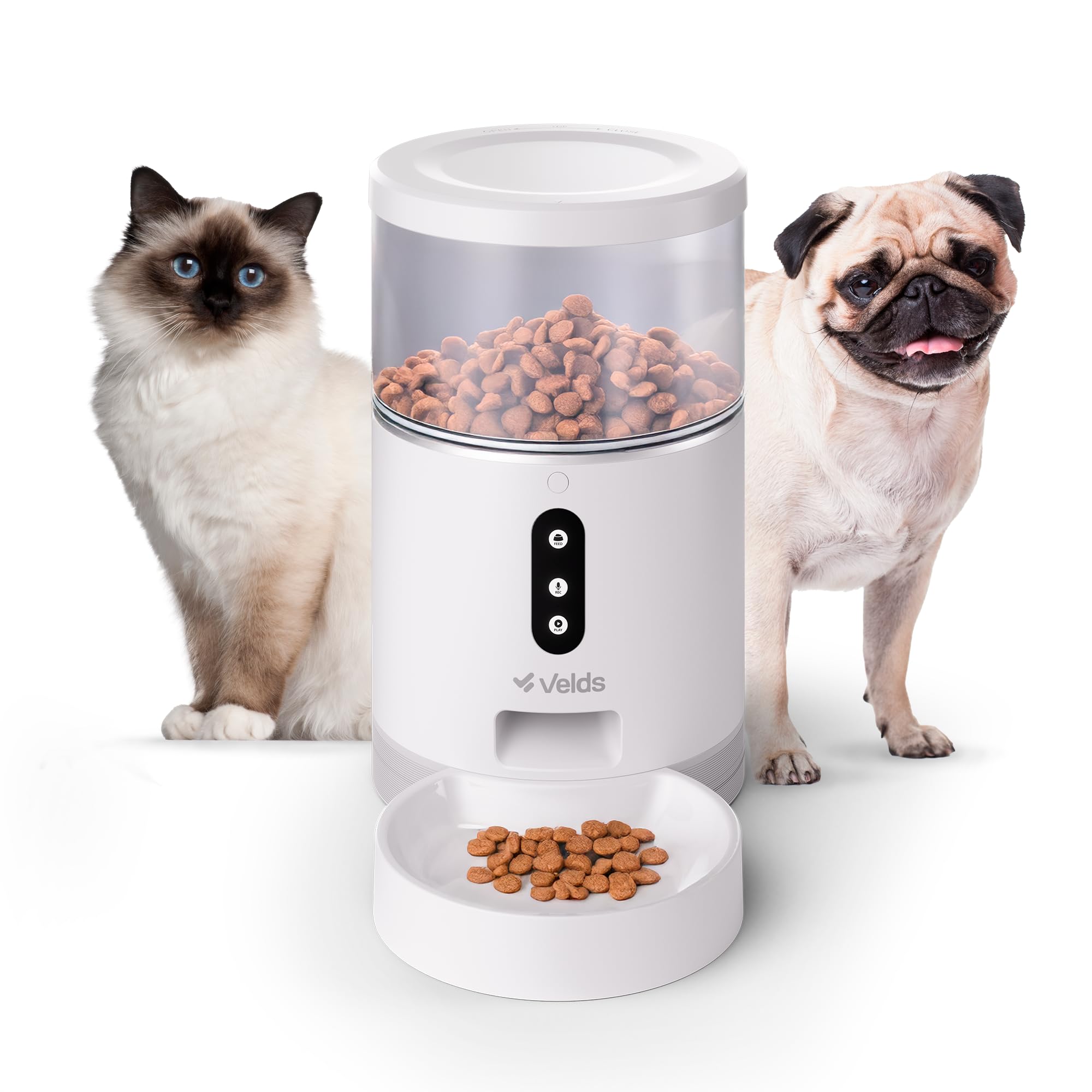 Alimentador Automático Wi-Fi Velds, Comedouro Ração Gatos e Cães, Programação de Porções, Controle por App, Microfone e Alto-falante, Pareamento Rápido Bluetooth, 4L, Branco