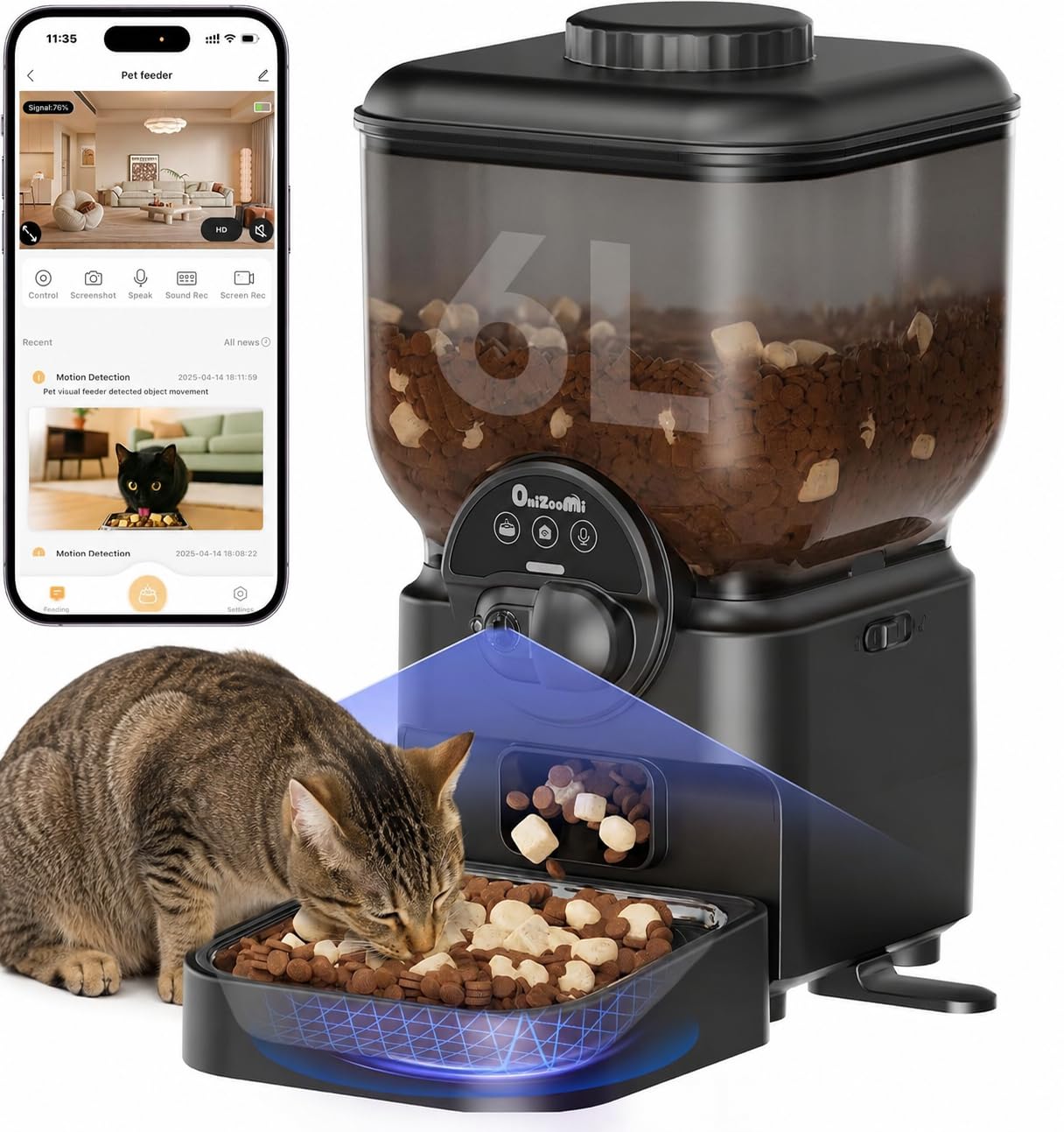 [ONI]Alimentador Automático Pet com Câmera 1080P, Comedouro Automatico para Gatos e Cães Pequenos 6L, Dispenser Ração Automático Wi-Fi 2.4G com App, Áudio Bidirecional, Porções Programáveis