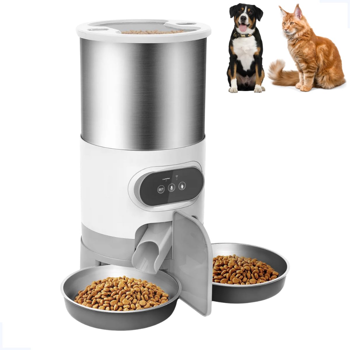 Alimentador Comedouro Duplo Automático Programável WI-FI Para 2 Pets, Cães e Gatos 4,5L Alimentador temporizado com tigela de Inox