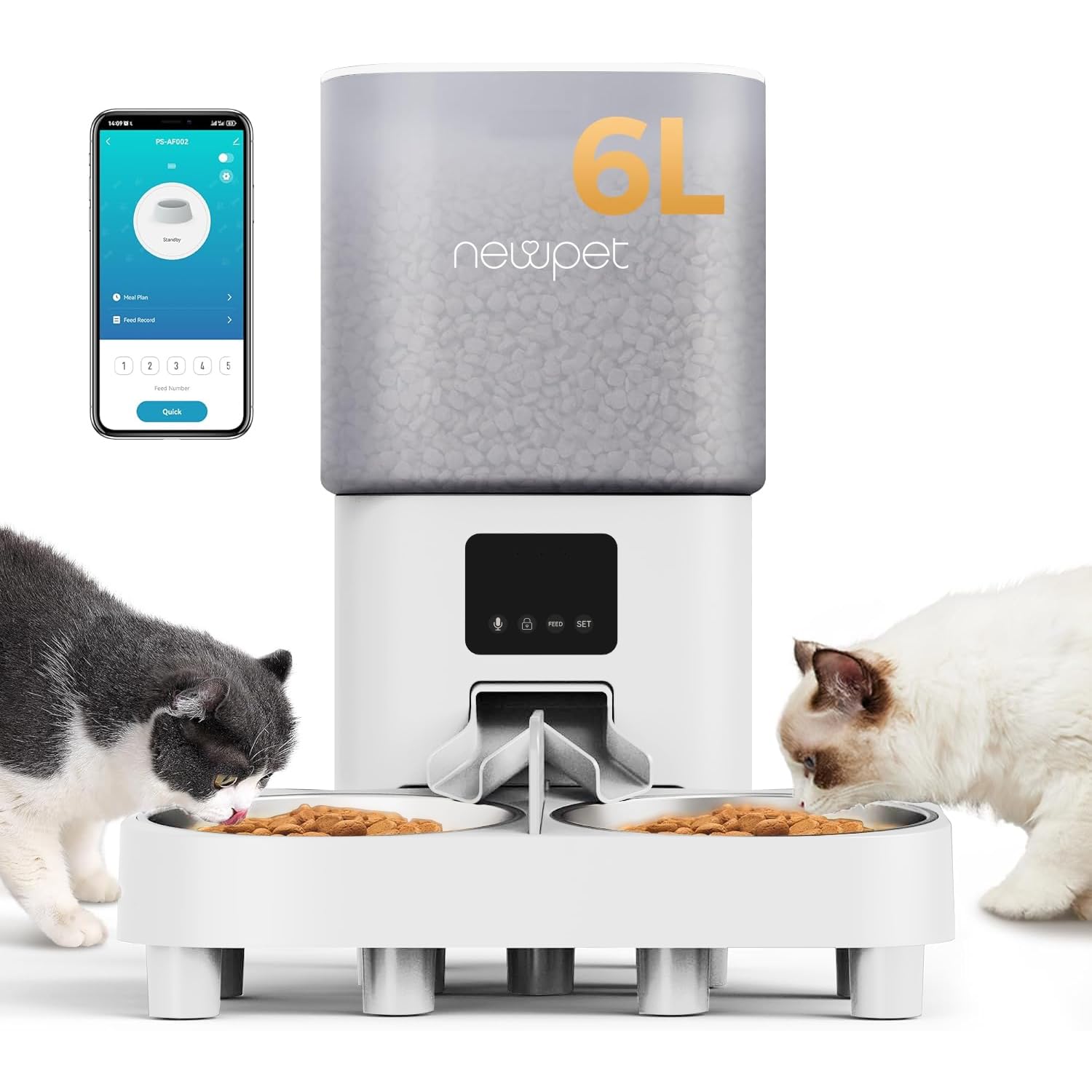 VEDO Alimentador Automático Duplo, 6L Comedor Automático Pet com Controle de APP para 2 Gatos e Cães,Programável Alimentador Temporizado Elevado para Cães