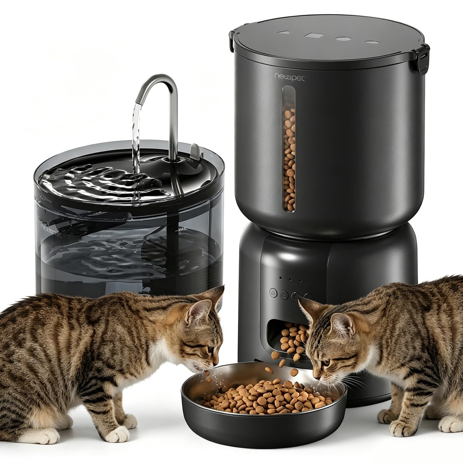 NEWPET Comedouro Automático Para Gatos e Bebedouro para Gatos 2 em 1, Distribuidor Inteligente de Ração com Temporizador e Controle via Aplicativo por Wi-Fi 2,4 GHz