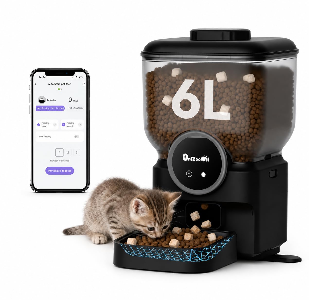 [ONI]Comedouro Automático para Gatos e Cães Pequenos 6L com Wi-Fi e Controle por App, Alimentador Automático Programável, Tigela de Aço Inoxidável, Dupla Fonte de Energia (03)