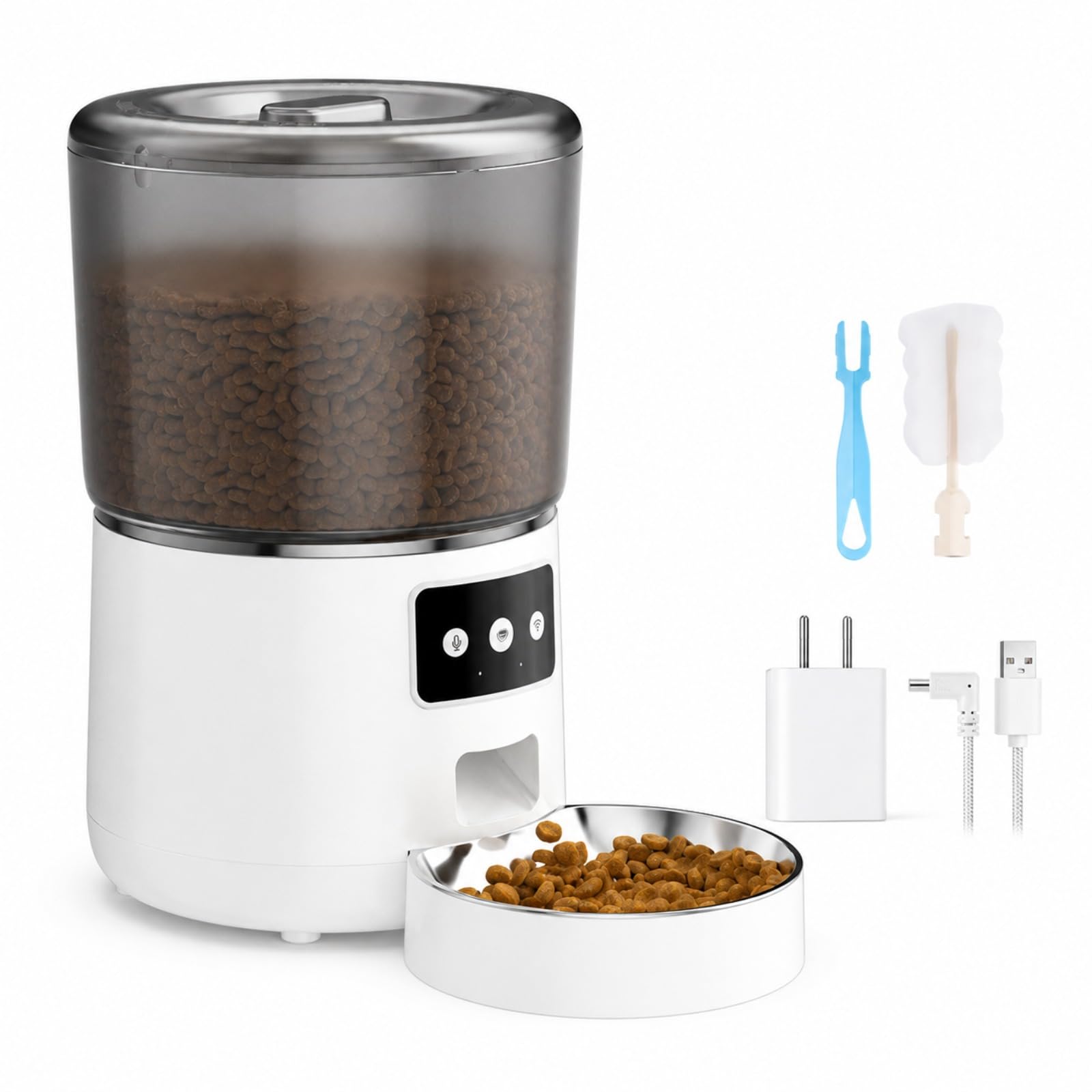 Comedouro Automatico para Gatos 4L Wi-Fi com App e Tigela Inox (Branco com Botões P11-1)