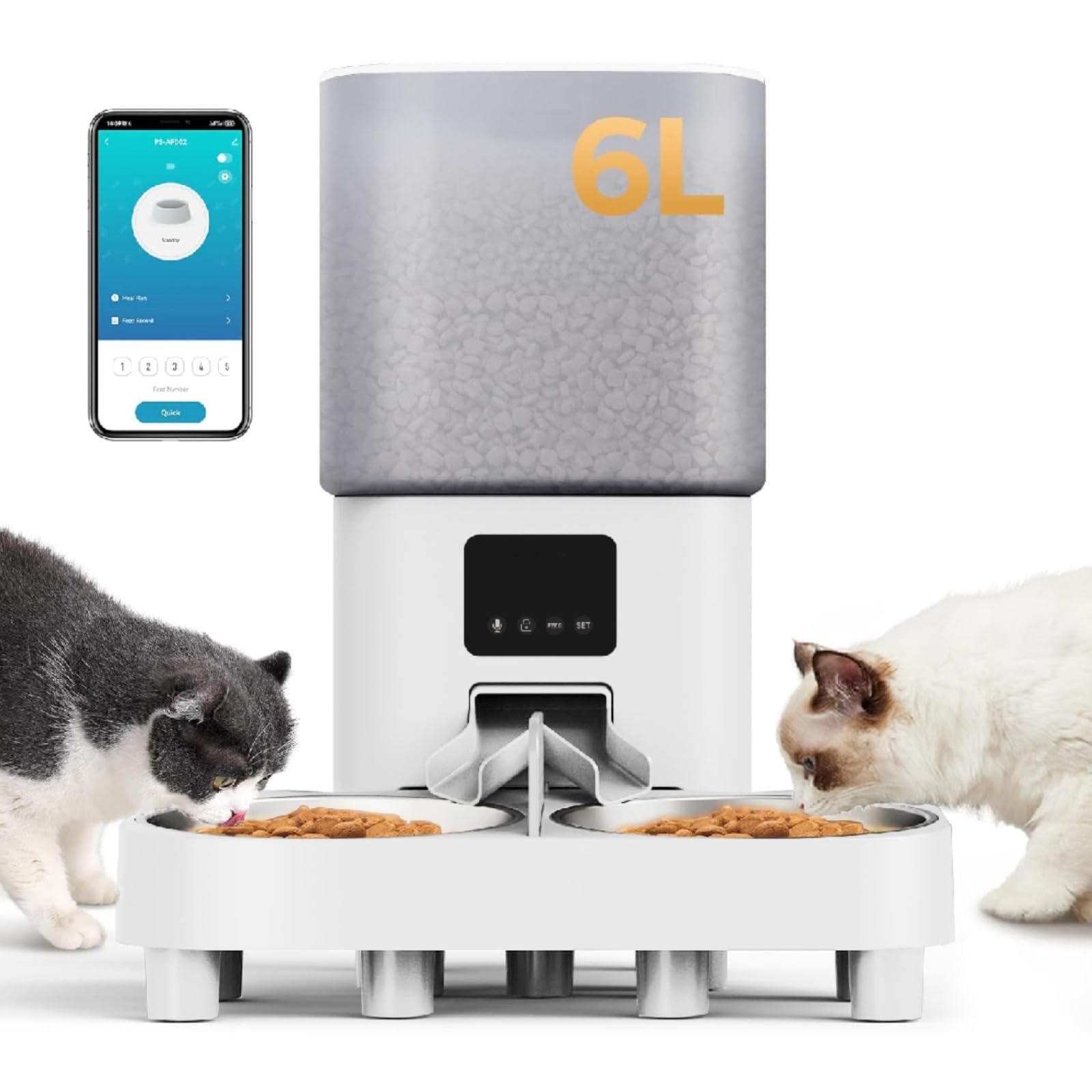 Comedouro Automatico para Gatos 6L Wi-Fi com App e Duas Tigelas | Alimentador automático pet com duas tigelas, controle por app, programação de porções e gravação de voz