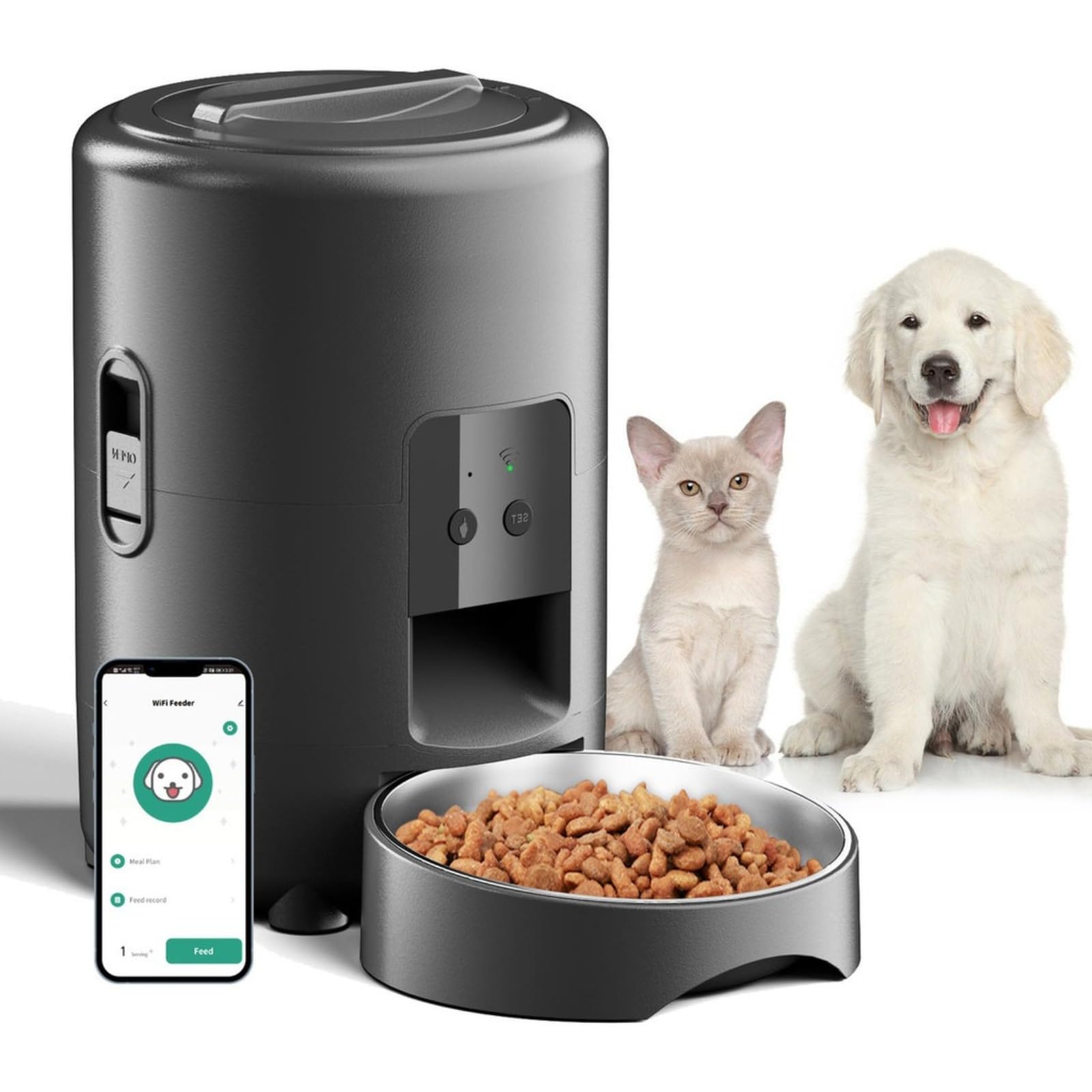 Comedouro Automatico para Gatos 2L Wi-Fi com App para Cães e Gatos | Alimentador automático pet para cães e gatos, comedouro inteligente com porções programáveis e gravação de voz