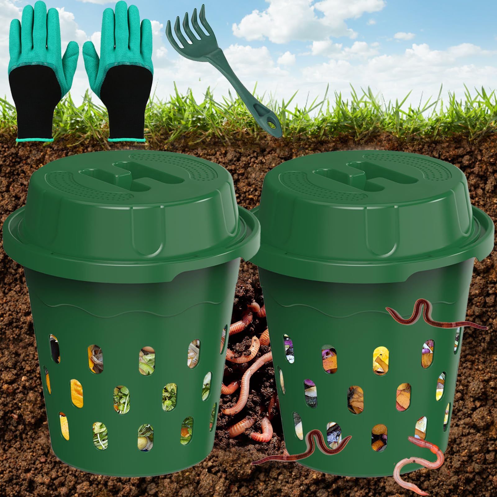 Composteira De Minhoca Enterrada, Pacote Com 2 Unidades, Caixa Compostagem Para Áreas Externas, Canteiros Jardim E Uso Doméstico, Vermicompostagem Iniciantes (24X24X27 Cm)