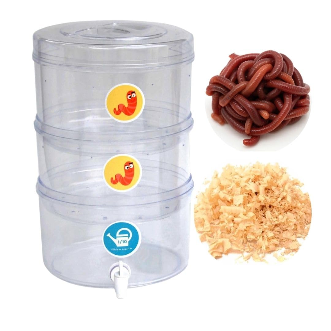 Composteira Ecopedagógica Transparente, 12L, 3 Compartimentos, 26,5x37cm | Com Minhocas e Serragem, Sistema Educativo de Compostagem