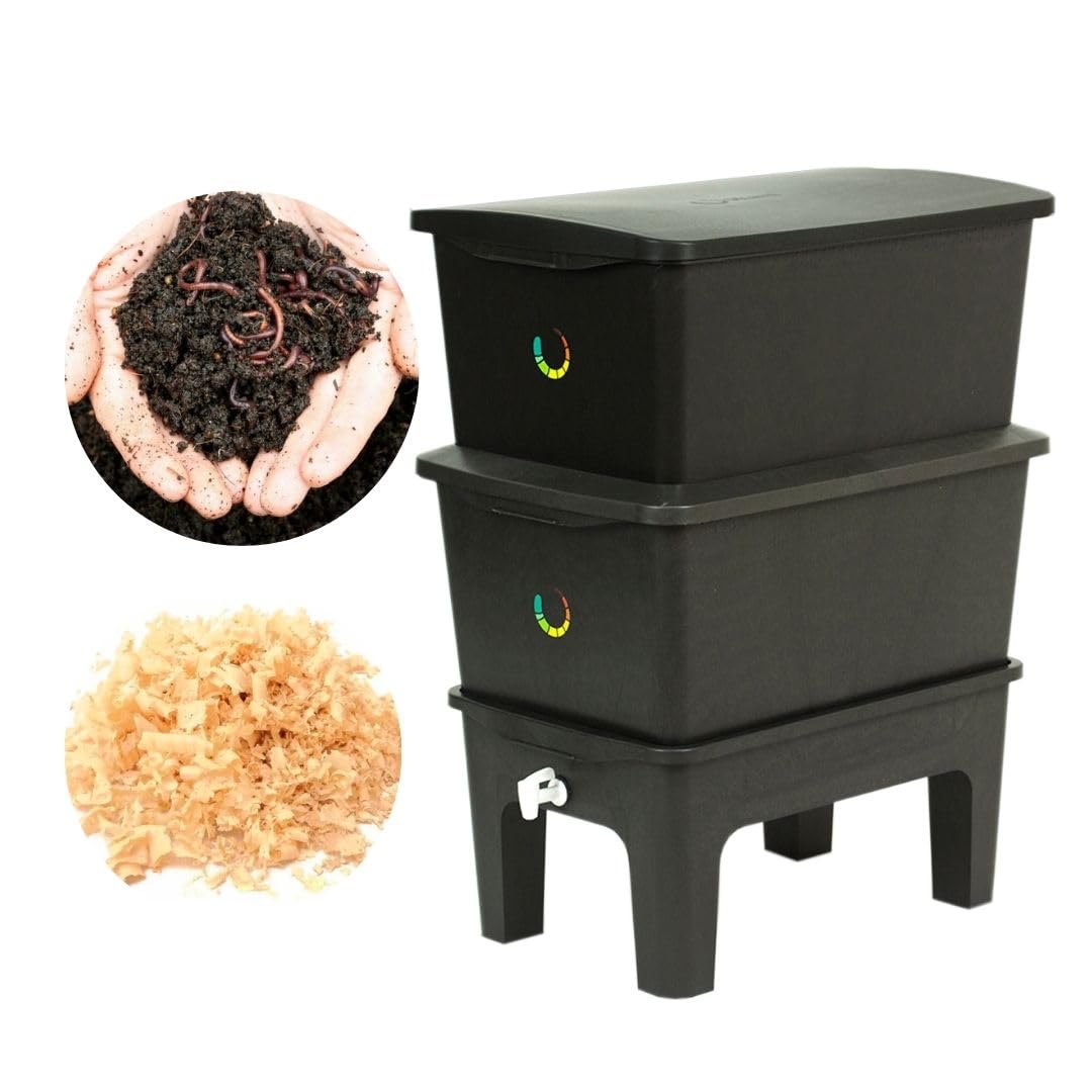 Humi Composteira Residencial 90L Preta com Minhocas e Serragem | Kit Completo, Plástico PP Reciclado, Suporte Técnico 1 Ano, 200 Minhocas Incluídas, Serragem 800g Inclusa