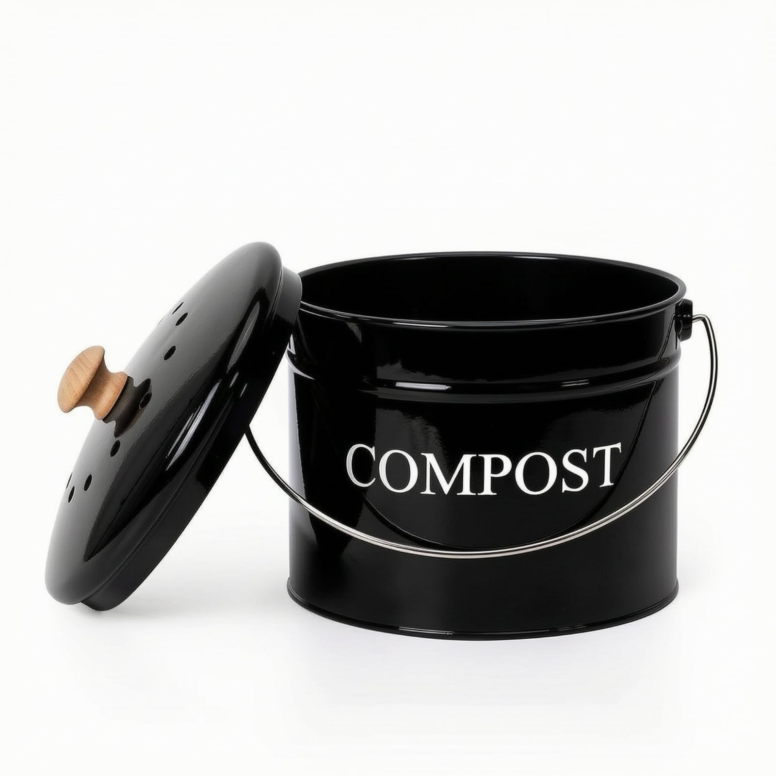 Composteira Metal com Tampa Portátil Composteira Cozinha com Alça Retrô Lixeira para Apartamento, Array, Preto