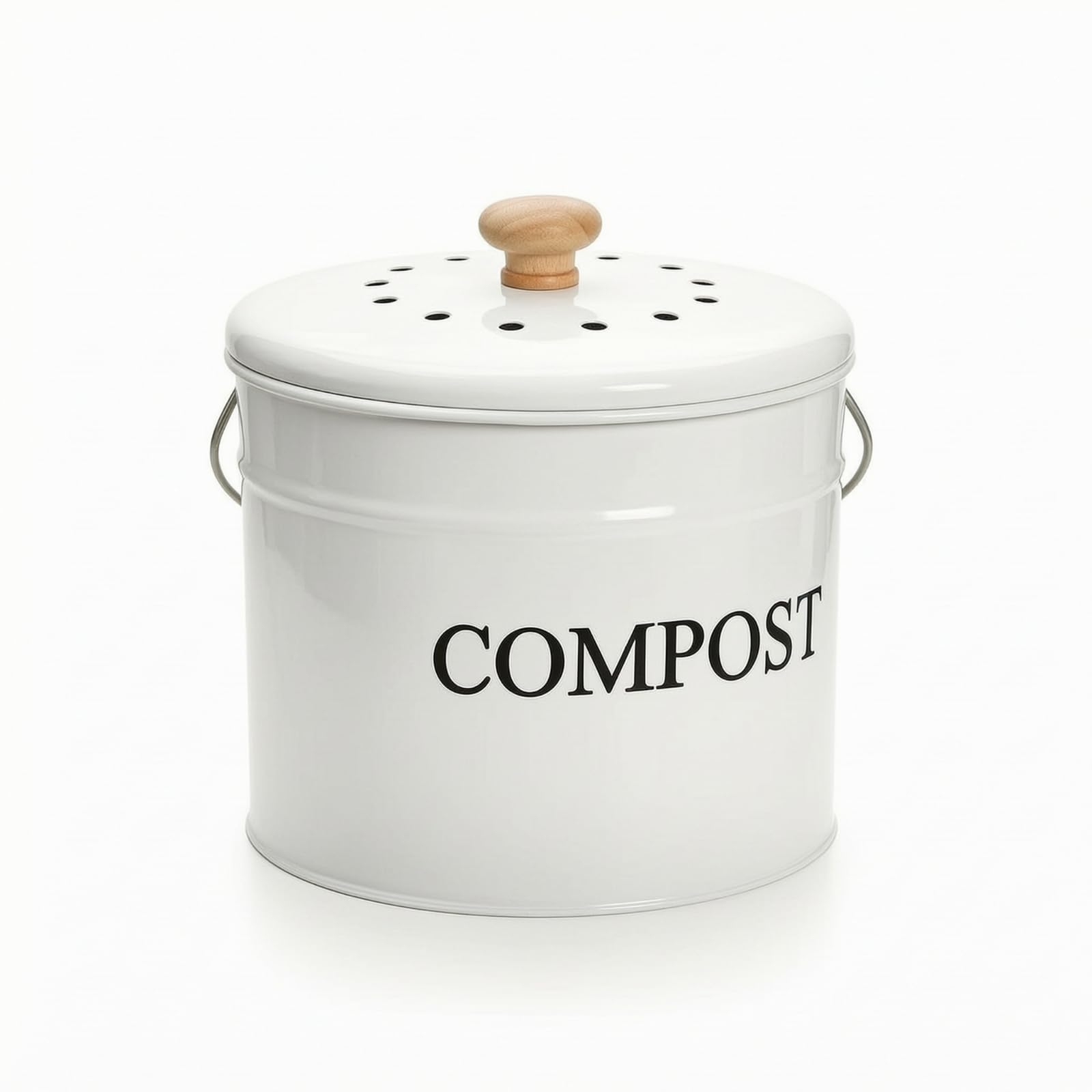 Composteira Metal com Tampa Compacta Composteira Cozinha com Alça Portátil Lixeira para Apartamento, Array, Branco