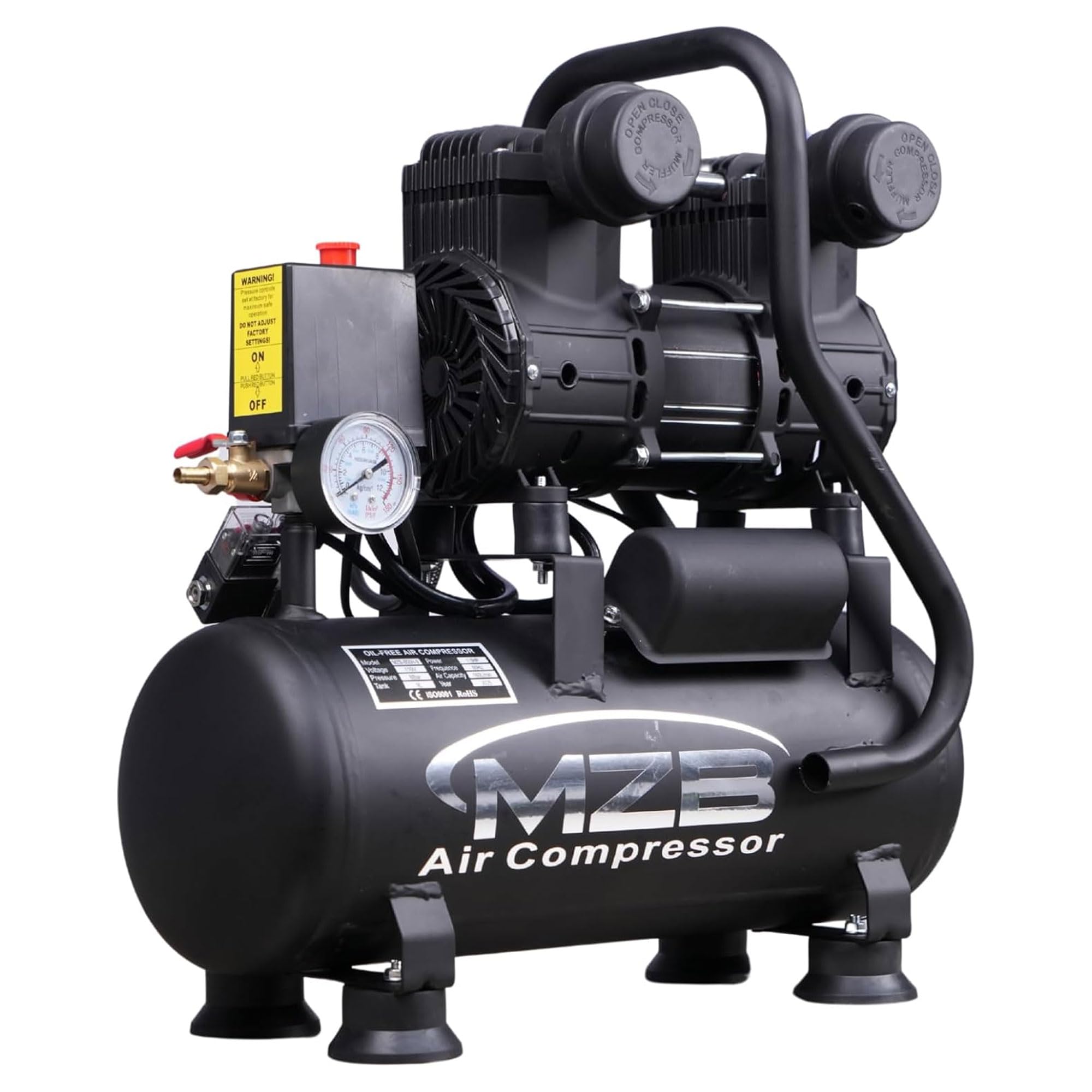 Compressor de ar ultra silencioso MZB 2,4 galões 110V/60Hz 1,2HP 5,65CFM, Max 115PSI Tanques de aço livre de óleo 70dB Nível de ruído Compressor de ar para pintura em spray, reparo de automóvel