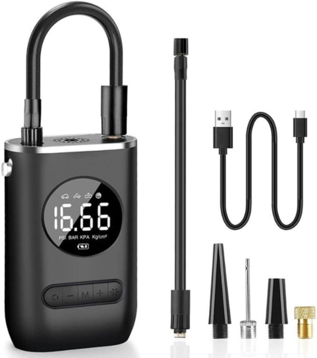 Compressor Ar Portátil Bomba Digital 150 PSI com Bateria Recarregável de 4000 mAh Lanterna LED e Calibrador Ideal para Pneus de Carro Moto Bike Bola e Infláveis