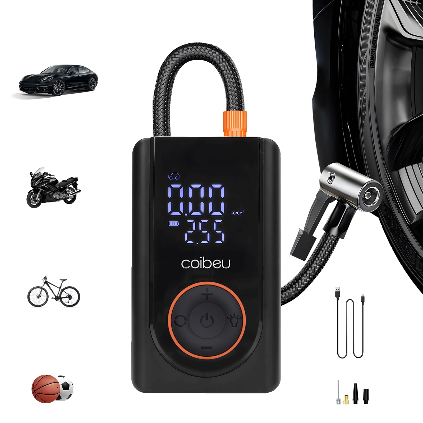Compressor de Ar Portatil, Calibrador de Pneus Portatil, Bomba de Encher com Display Digital, Pré-sets de Pressão, Power Bank 3600mAh, 150PSI MAX, 60W, para Carros/Motos/Bicicletas e Bolas