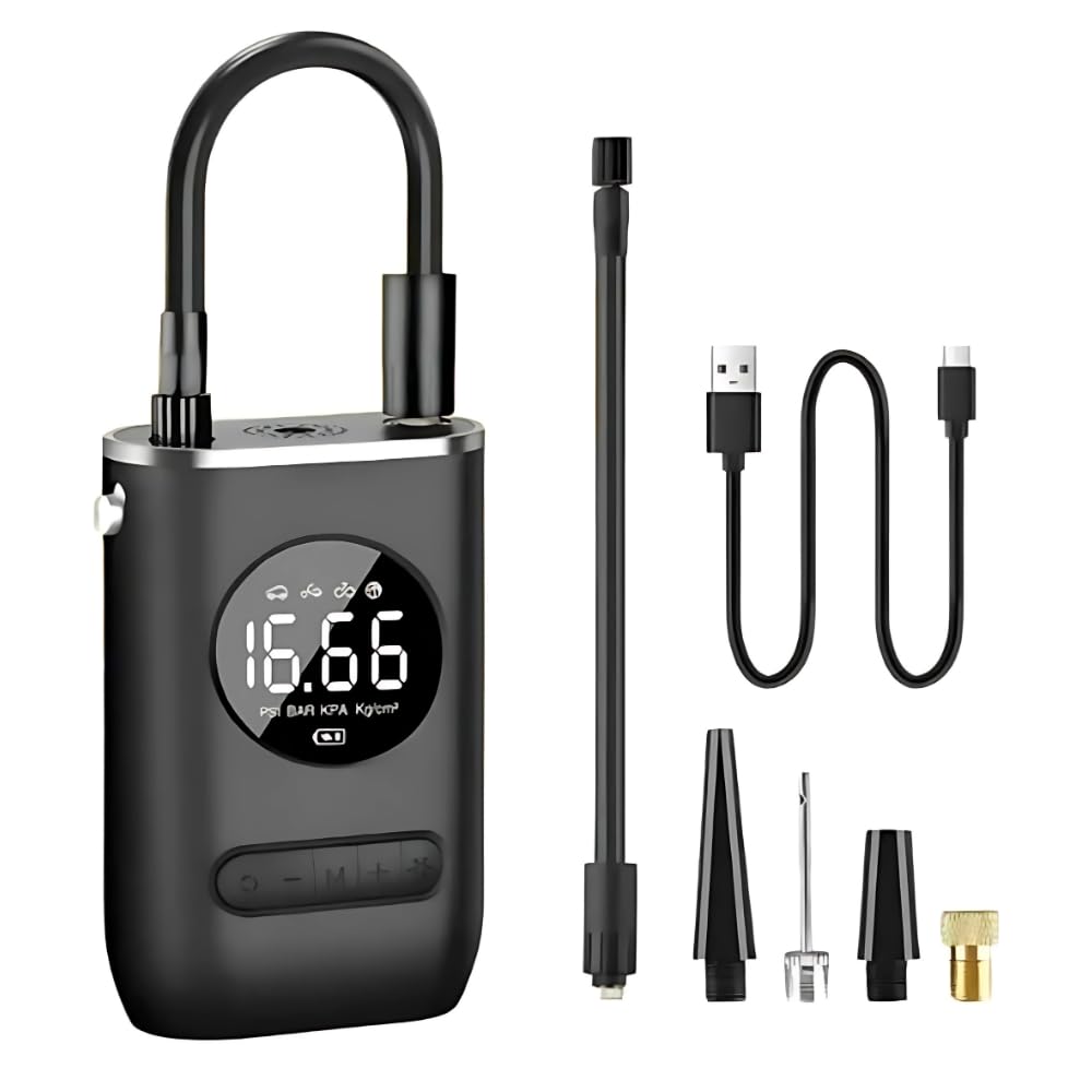 Compressor de Ar Portátil Recarregável 150 PSI com Bateria Dupla 2000mAh*2, Display Digital LED, Luz de Emergência e 4 Modos de Inflação para Carro, Moto, Bicicleta e Infláveis