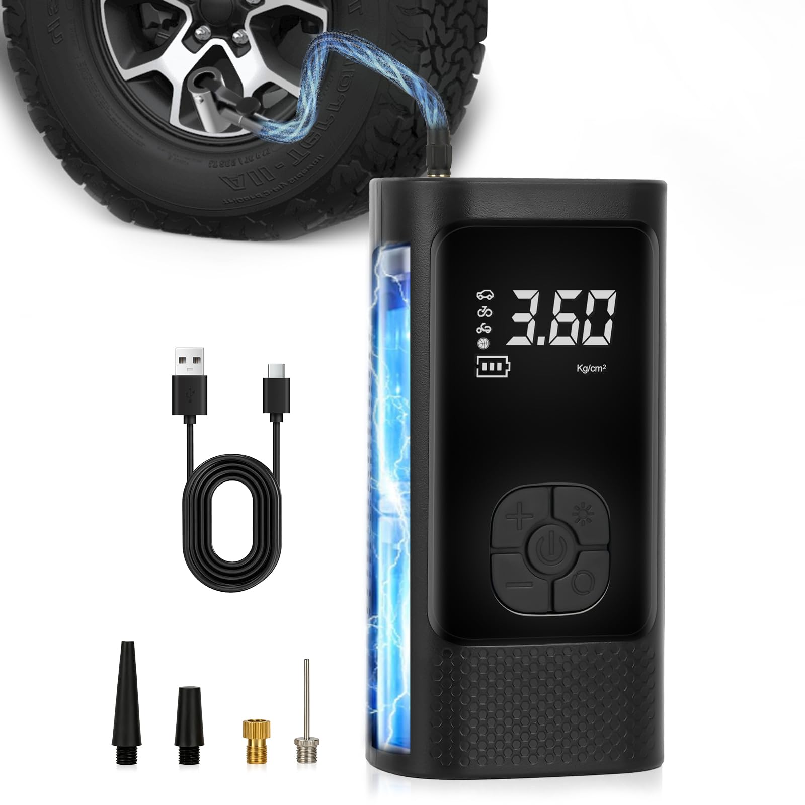 Compressor de ar Portátil Sem Fio com Bateria Recarregável de 4000 mAh, Lanterna LED e Medidor de Pressão Digital para Encher Pneus de Carros, Motocicletas, Bicicletas, Bolas e Piscinas Infláveis