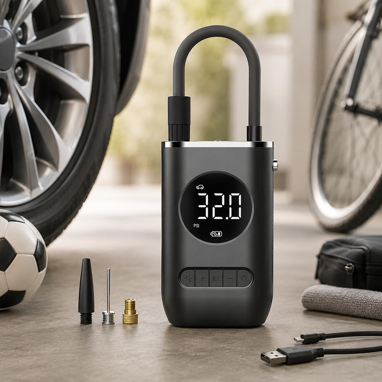 Compressor de Ar Portátil mini Sem Fio 150 PSI – Inflador de Pneus com Bateria 4000mAh, Medidor de Pressão Digital, Luz LED, Bomba para Carro, Moto, Bicicleta e Infláveis