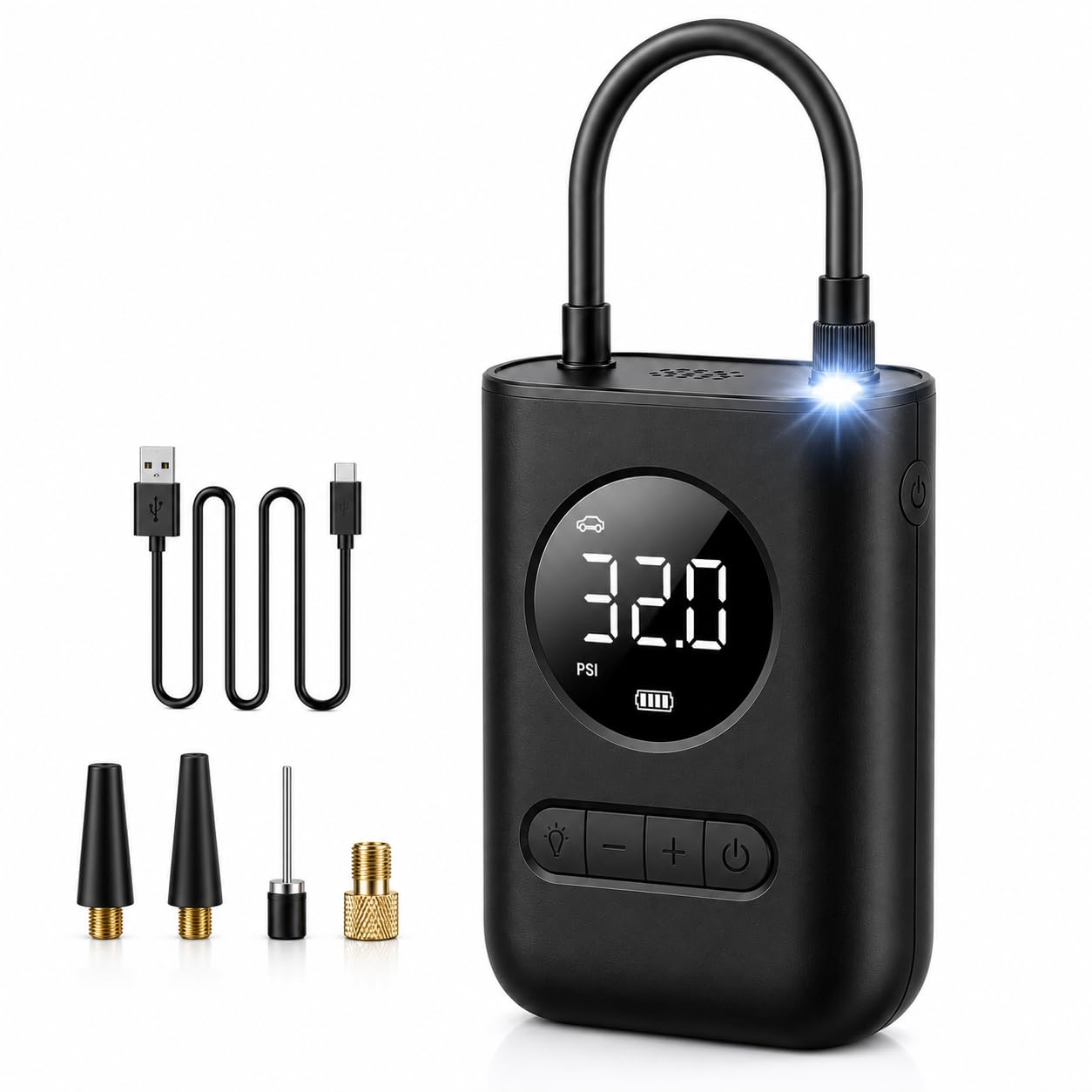 Compressor Calibrador de Ar Portátil Sem Fio 150 PSI com Bateria 4000mAh – Inflador de Pneus Digital com Display LCD, Luz LED de Emergência, Mini Bomba de Ar para Carro, Moto, Bicicleta e Bola