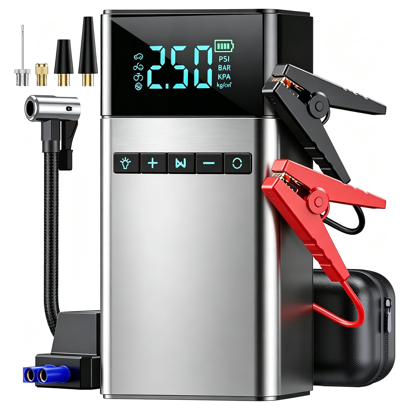 Auxiliar de Partida Veicular Portatil, Jump Starter, Compressor de Ar | Lanterna LED e Carregamento Rápido USB, Display Digital para Carros Motos Bicicletas Bolas