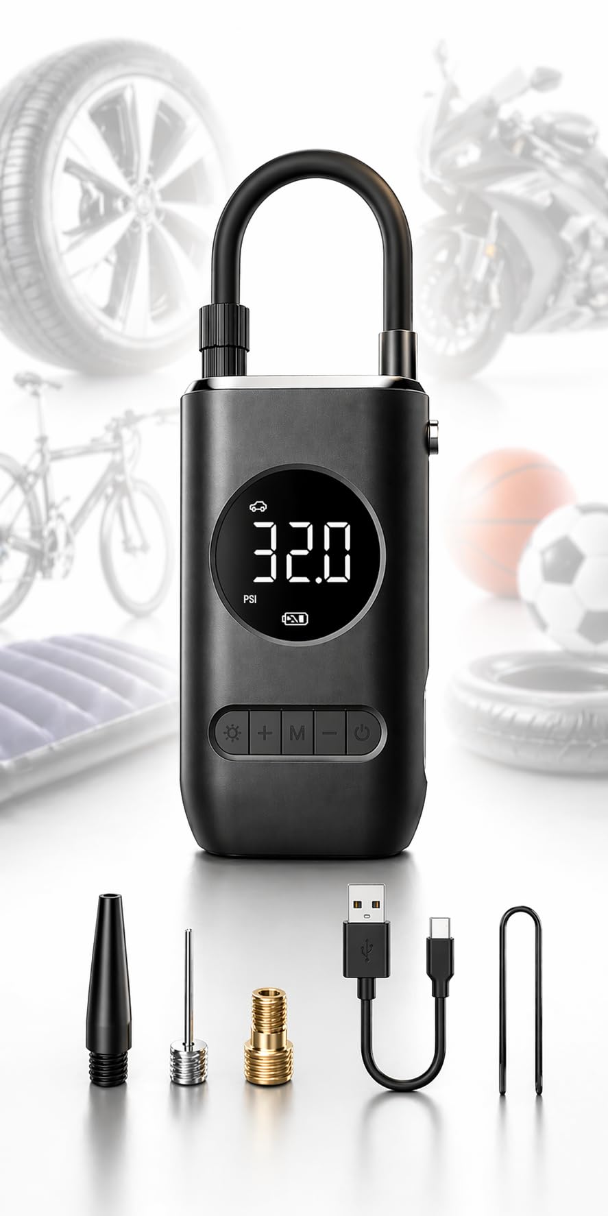 Calibrador Compressor Bomba de Ar Portátil Digital Mini com Lanterna LED para Encher Pneus de Carro, Moto, Bike, Bicicleta, Bola e Piscina Inflável Recarregável 4000 mAh 150 PSI
