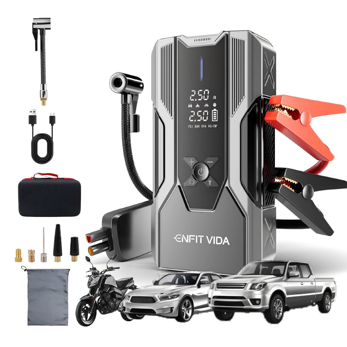 Auxiliar de Partida Veicular Portátil 1500A 4 em 1, Compressor de Ar Portátil 150PSI, Power Bank 10000mAh com Carregamento Bidirecional, Lanterna LED,Display Digital para Carros Motos Bicicletas Bolas