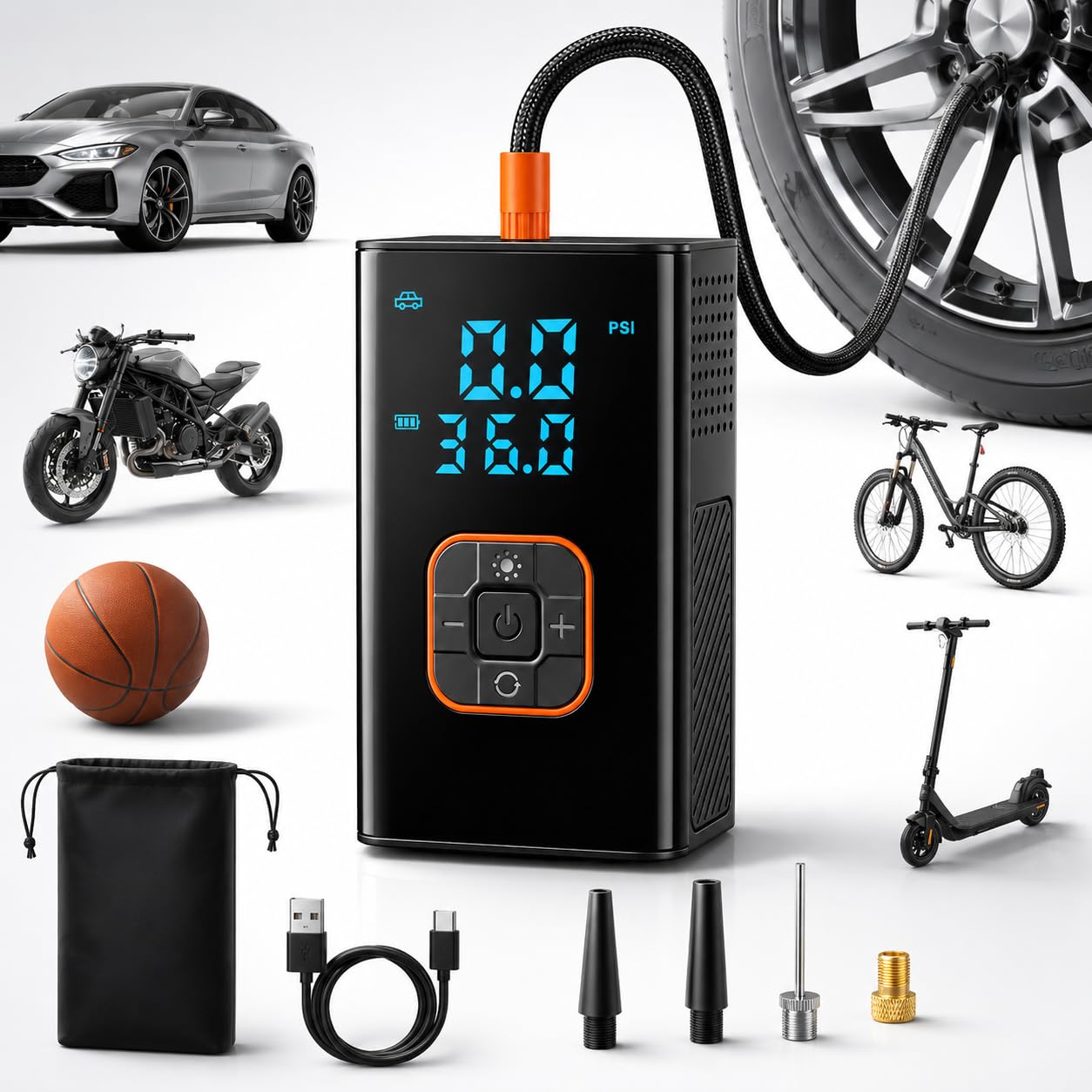 Compressor de Ar Portátil sem Fio 150 PSI com Bateria de 4000 mAh, Manômetro Digital Duplo, Desligamento Automático, Lanterna LED e Adaptadores para Carro, Moto, Bicicleta e Bola